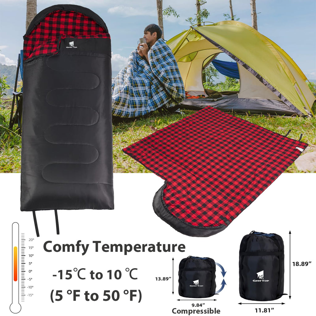 Geertop Flannel Sleeping Bag Cold Weather 0 Degree Big And Tall Sleeping Bag For Adults - Camping Hiking Backpacking Travel