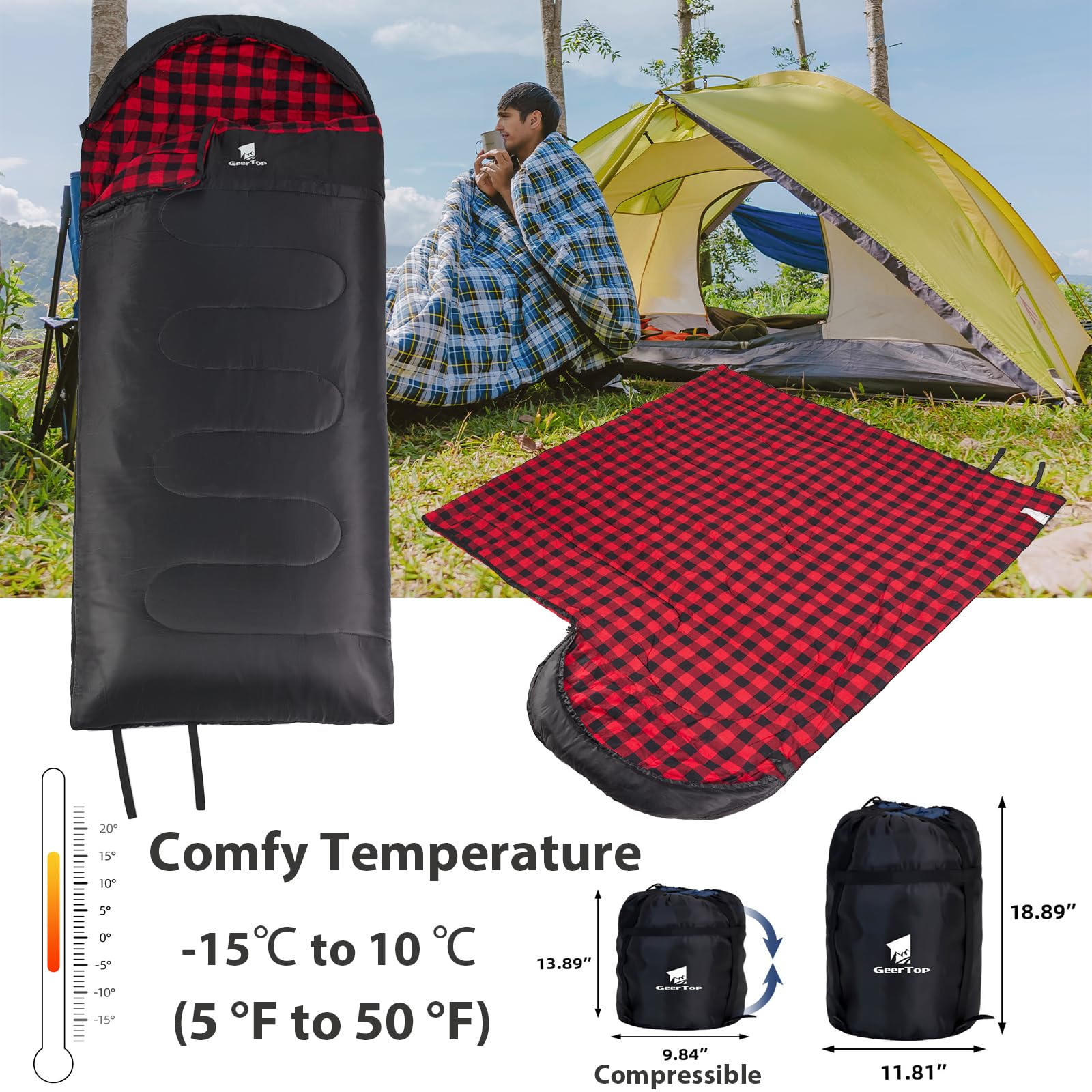 Geertop Flannel Sleeping Bag Cold Weather 0 Degree Big And Tall Sleeping Bag For Adults - Camping Hiking Backpacking Travel