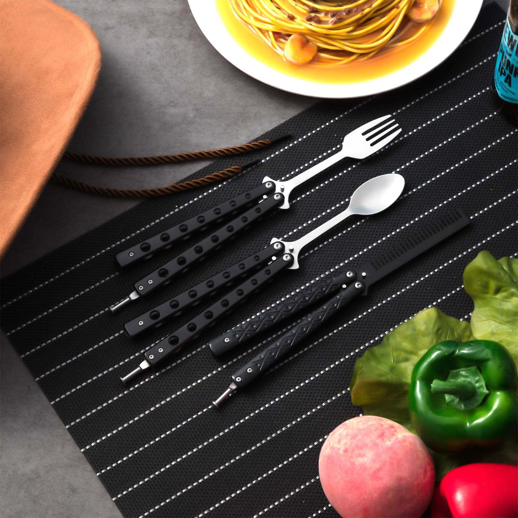 Eaasty 3 Pieces Butterfly Comb,Fork And Spoon Set,Tactical Stainless Steel Folding Butterfly Spoon For Camping Hunting Travel Ou