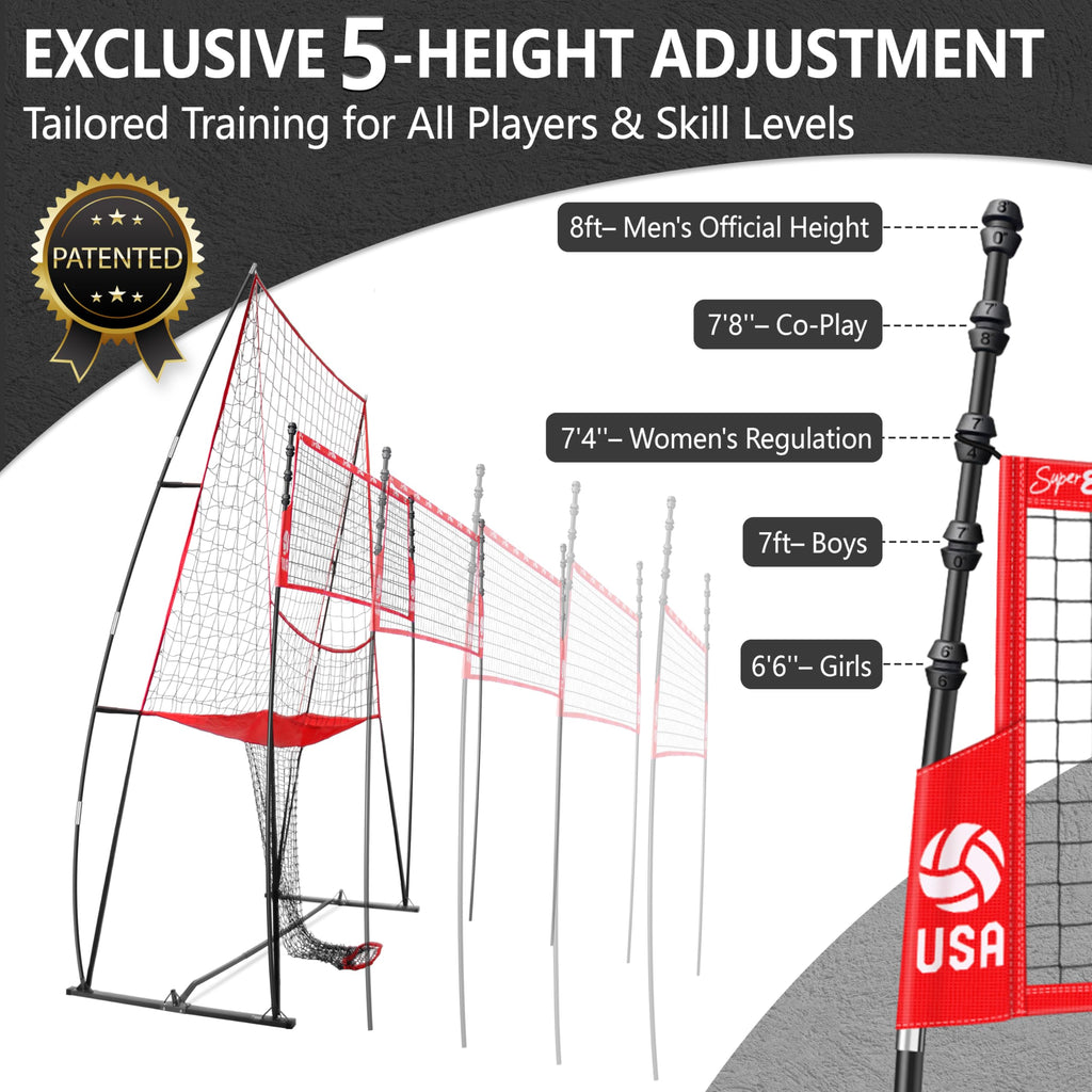 Jolorly 2-In-1 Volleyball Practice Net Station With Patented 5-Height (6'6'' To 8'), Heavy Duty Training System For Hitting Spik