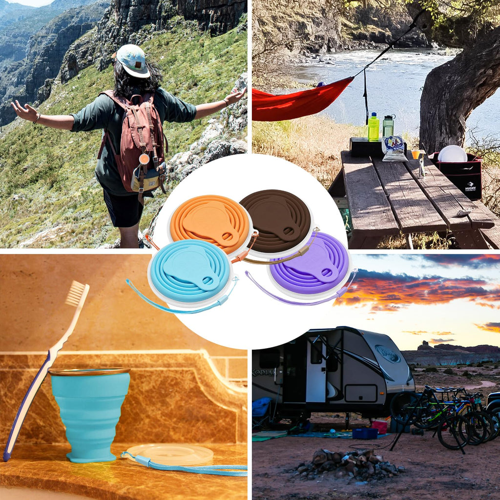 Litoexpe 4 Pack Silicone Collapsible Travel Cup Portable Folding Camping Cup Sets With Lids, Orange & Blue & Coffee & Purple, Ca