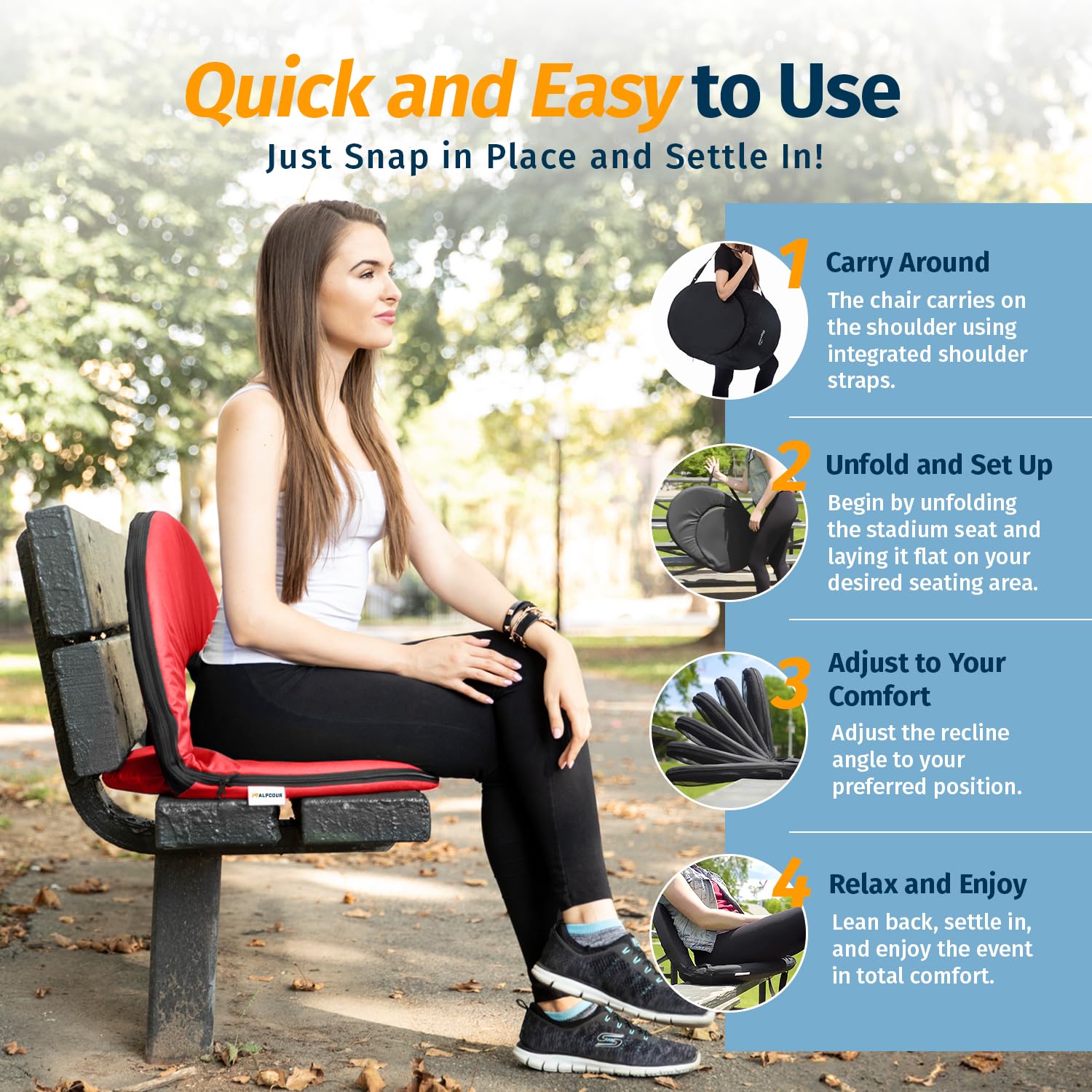 Alpcour Folding Stadium Seat - Deluxe Outdoor Camping Reclining Waterproof Cushion Chair For Bleachers - Best 6-Position Back Su