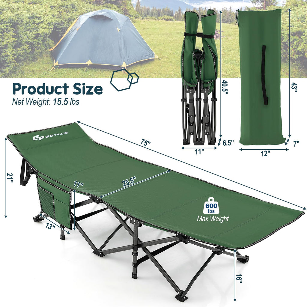 Goplus Folding Camping Cot, 27.5'' Sleeping Cot For Adults With Carry Bag, 600Lbs Weight Capacity, Slanted Head, Side Pocket, He