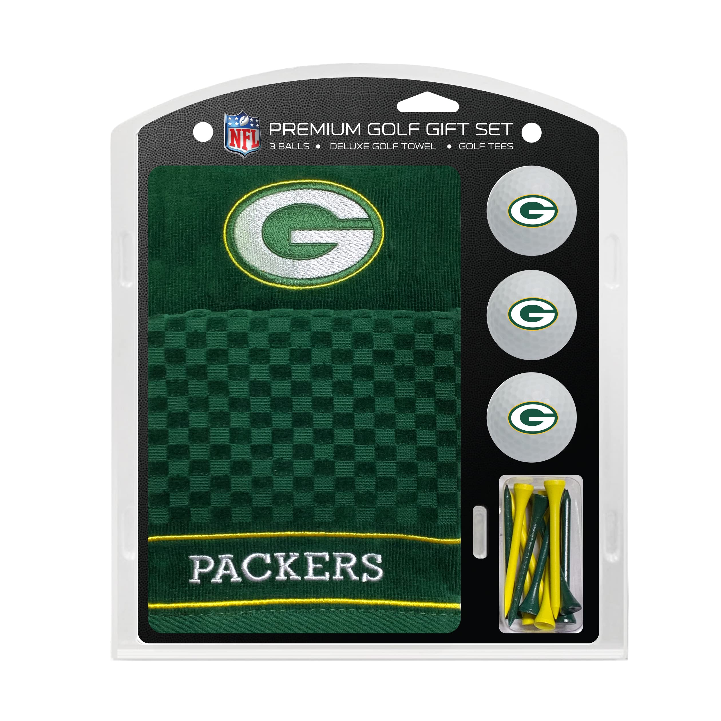Team Golf Nfl Green Bay Packers Gift Set: Embroidered Golf Towel, 3 Golf Balls, And 14 Golf Tees 2-3/4'' Regulation, Tri-Fold To