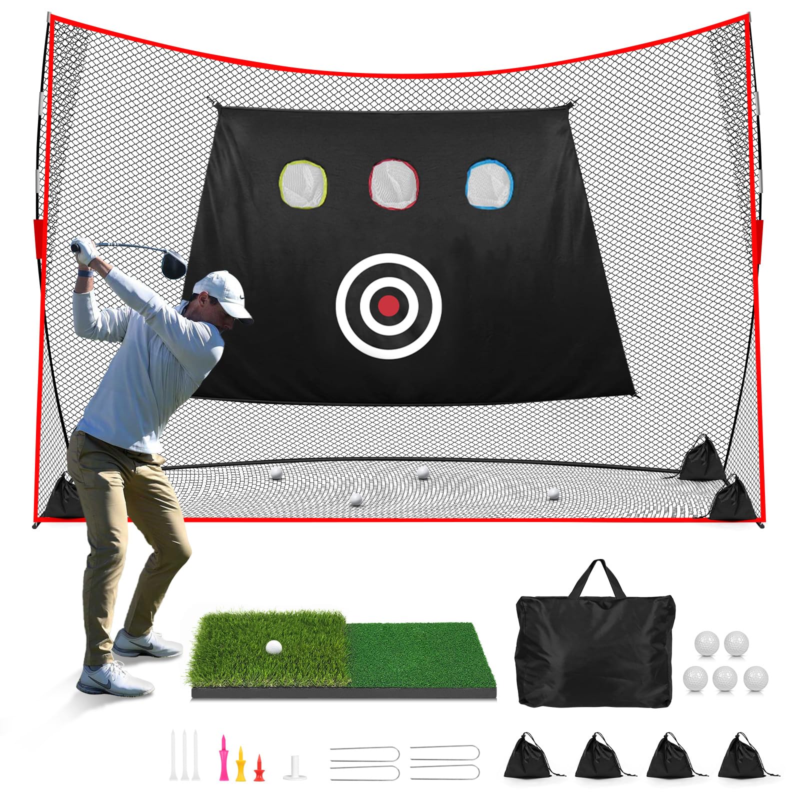 Golf Net: 10x7ft Heavy Duty Golf Practice Net for Indoor/Outdoor Training, Multi-Target Golf Hitting Net with Dual-Turf Golf Mat