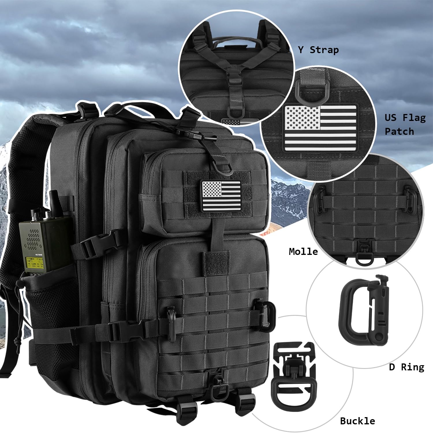 Hannibal Tactical 45L Molle Assault Backpack, Tactical Backpack Military Army Camping Rucksack With Bottle Holder, 3-Day Pack Tr