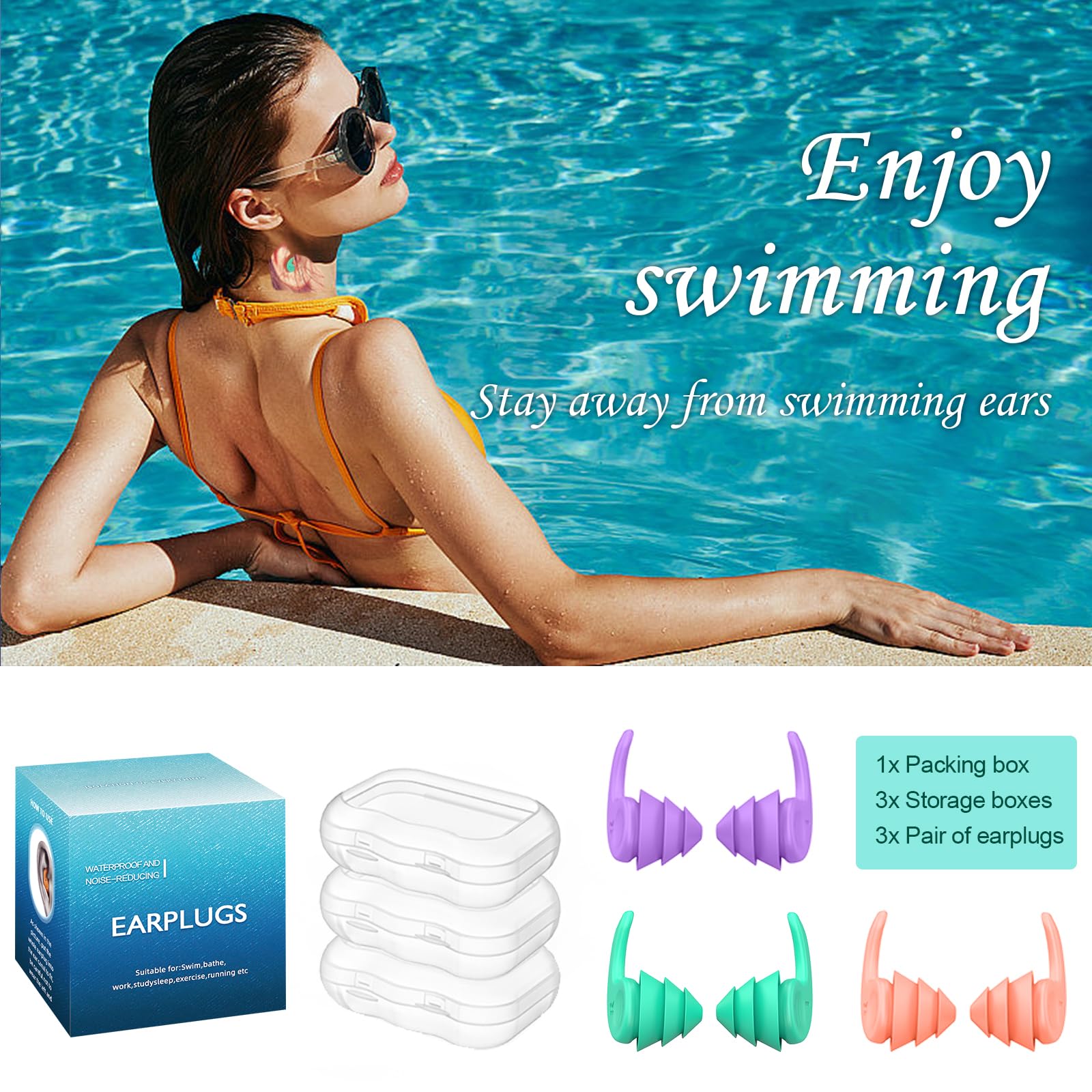 Swimming Ear Plugs for Adults,3 Pairs Waterproof Reusable Silicone Swim Earplugs for Swimming Surfing Snorkeling Showering and W