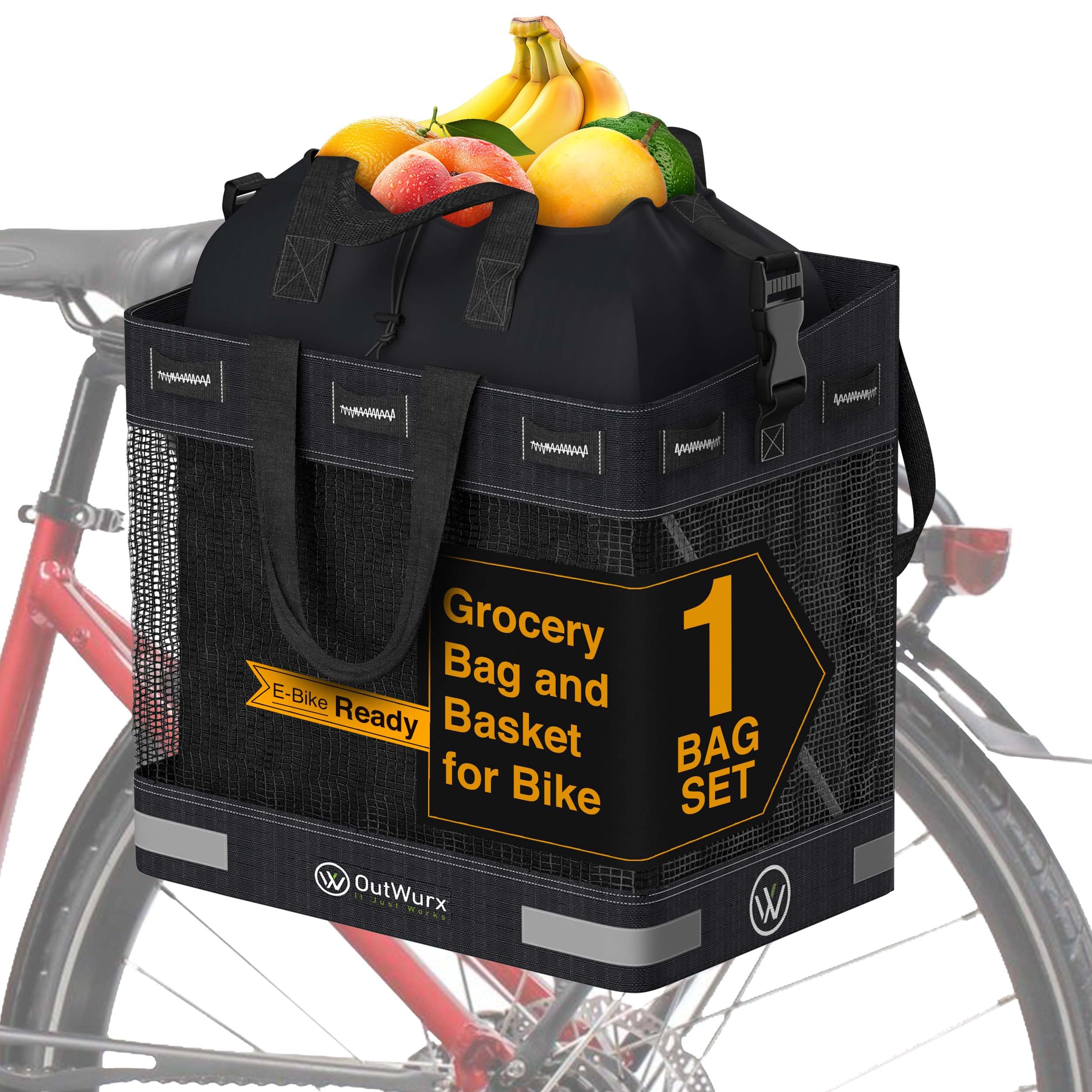 OutWurx Grocery Panniers for Bicycles and Ebikes - 22.5 Liter Water Resistant Bike Panniers for Bicycles Rear Rack with Handles 