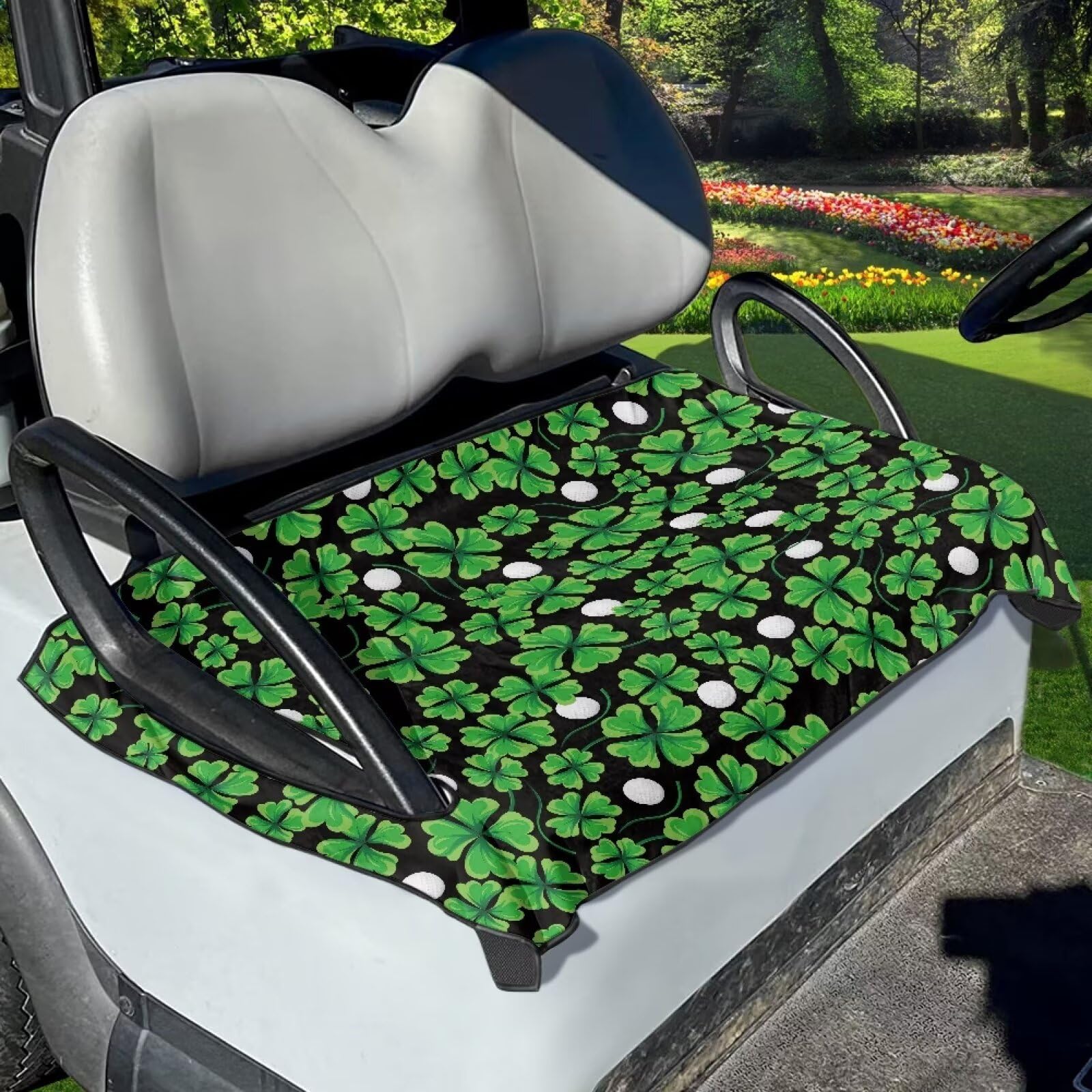 Suobstales Golf Shamrock Print Cart Seat Cover - St. Patrick s Day Decoration Portable Blanket Towel for 2-Person Club Car Seat