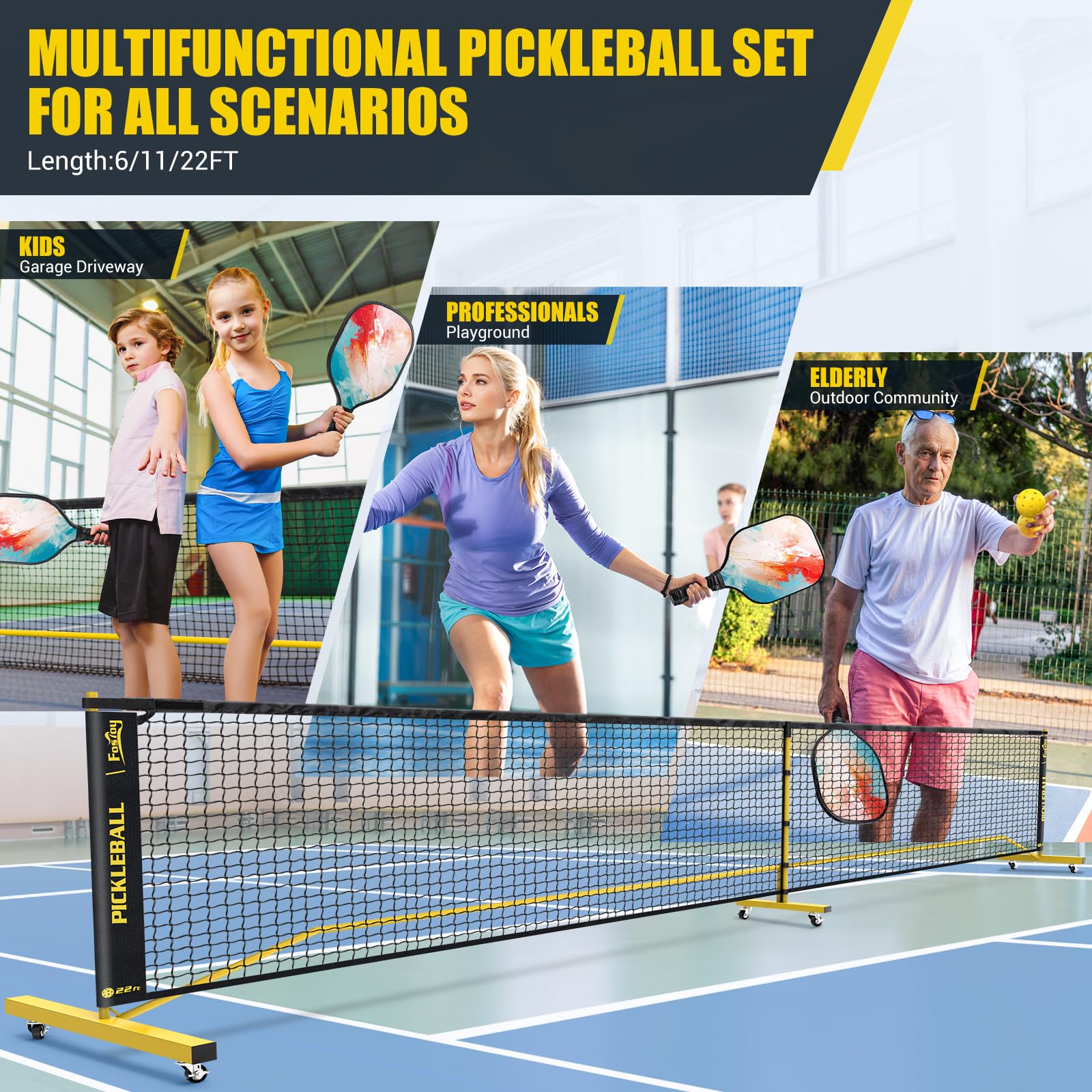 Pickleball Set With Net, Portable 3-In-1 Pickle Ball Net With Wheels, 6Ft/11Ft/22Ft Pickleball Net With Carry Bag, Designed For