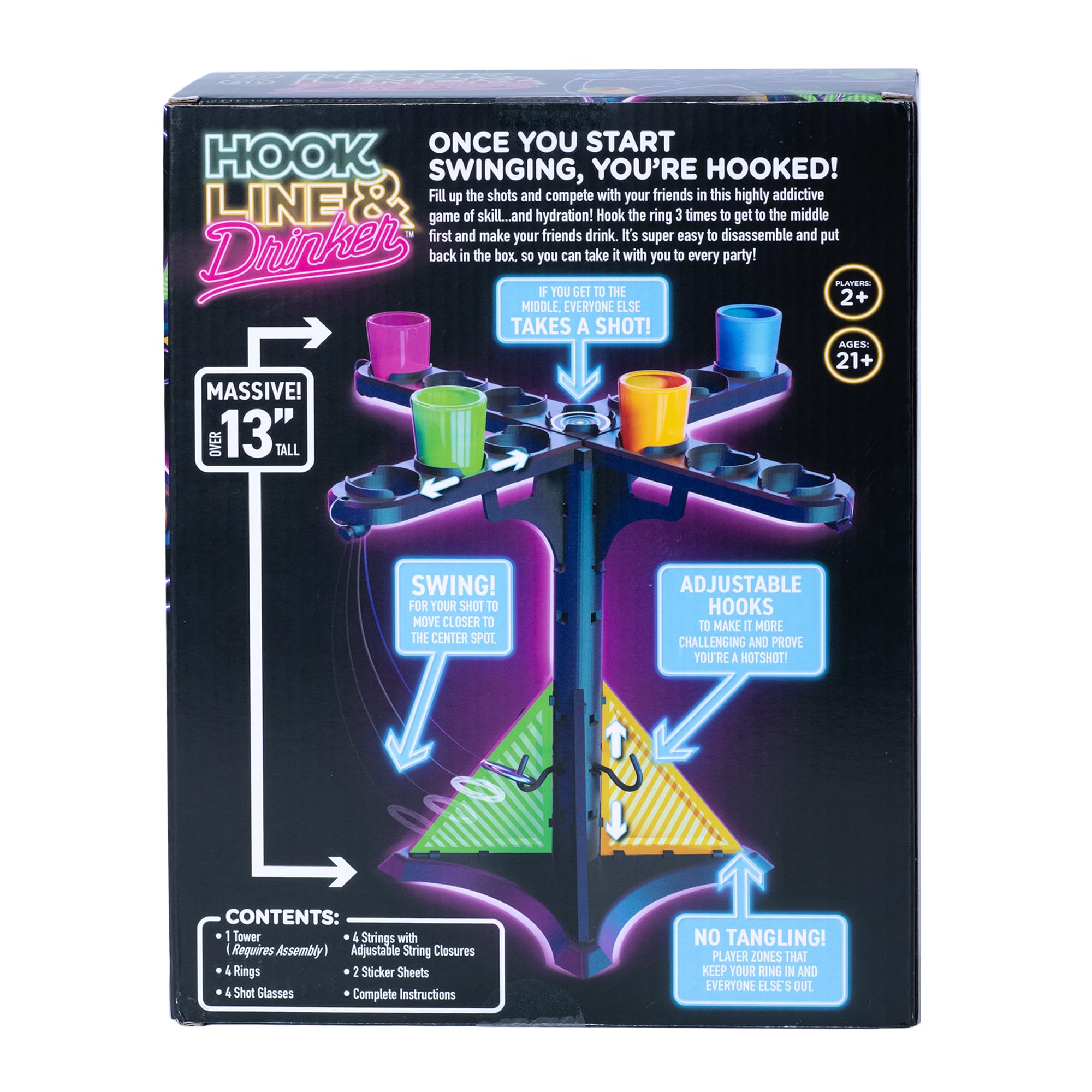Endless Games Hook Line & Hydration Party Game - Fun Ring Toss Game for Adults | 13 Tower with Shot Glasses | Perfect for Partie