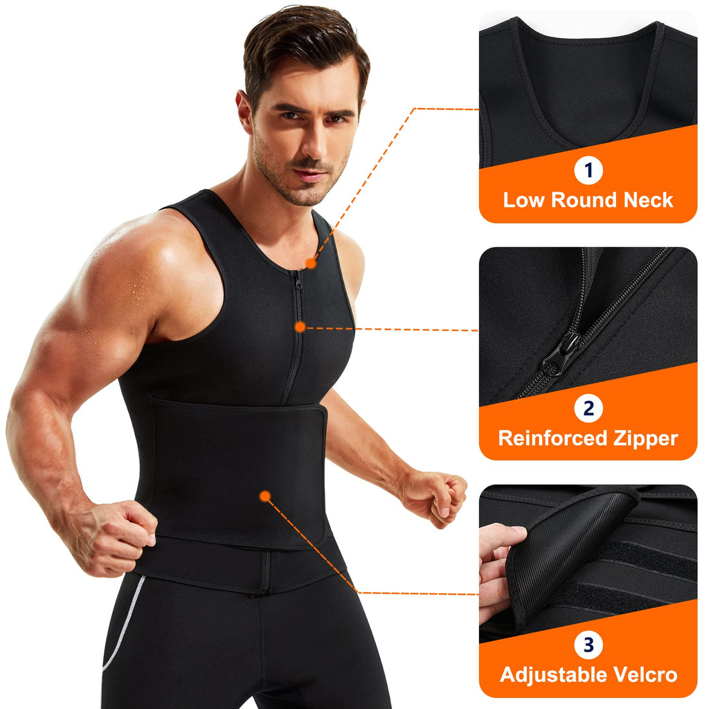 Wonderience Neoprene Sauna Suit For Men Waist Trainer Vest Zipper Body Shaper With Adjustable Belt Tank Top (Black, 2X-Large)
