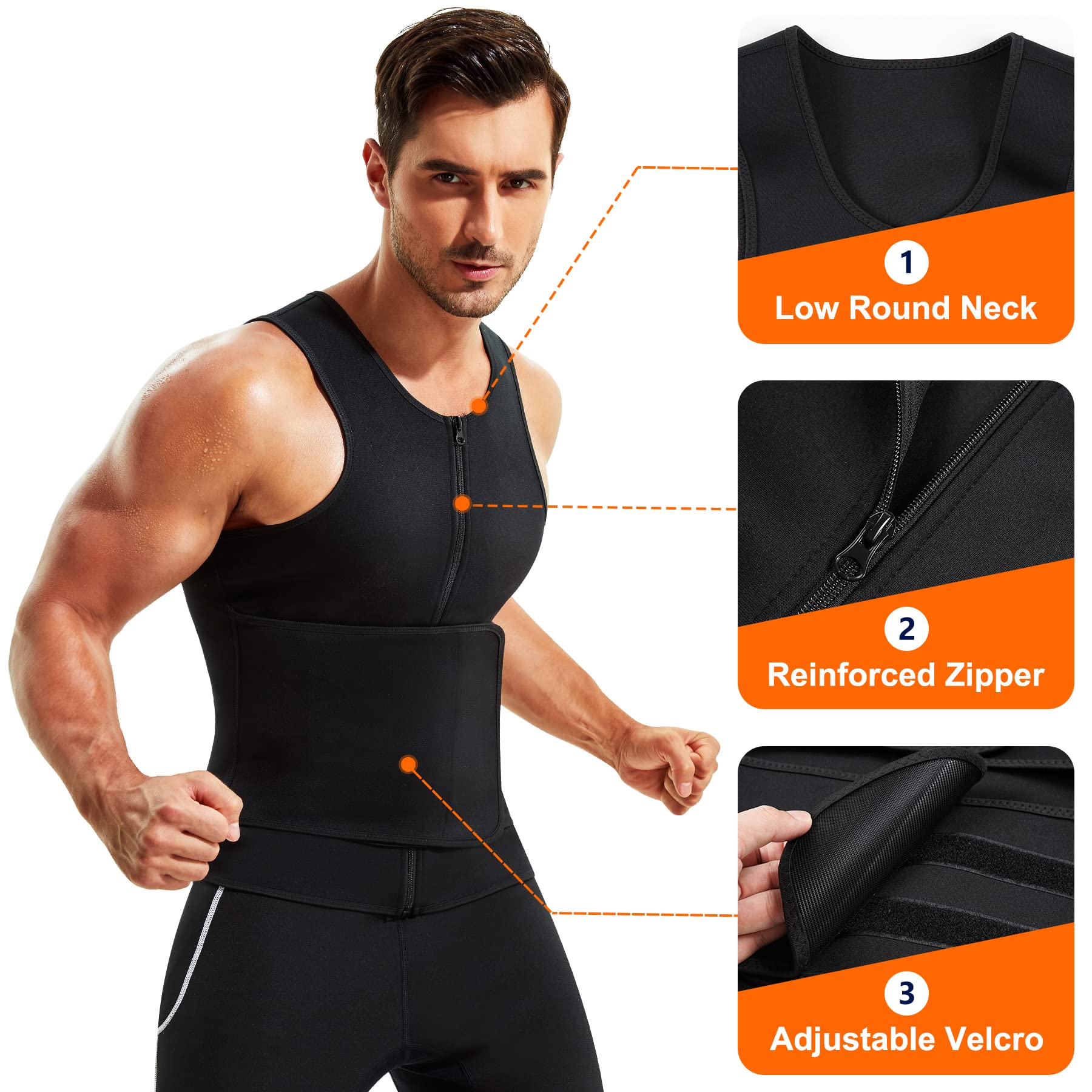 Wonderience Neoprene Sauna Suit For Men Waist Trainer Vest Zipper Body Shaper With Adjustable Belt Tank Top (Black, Large)