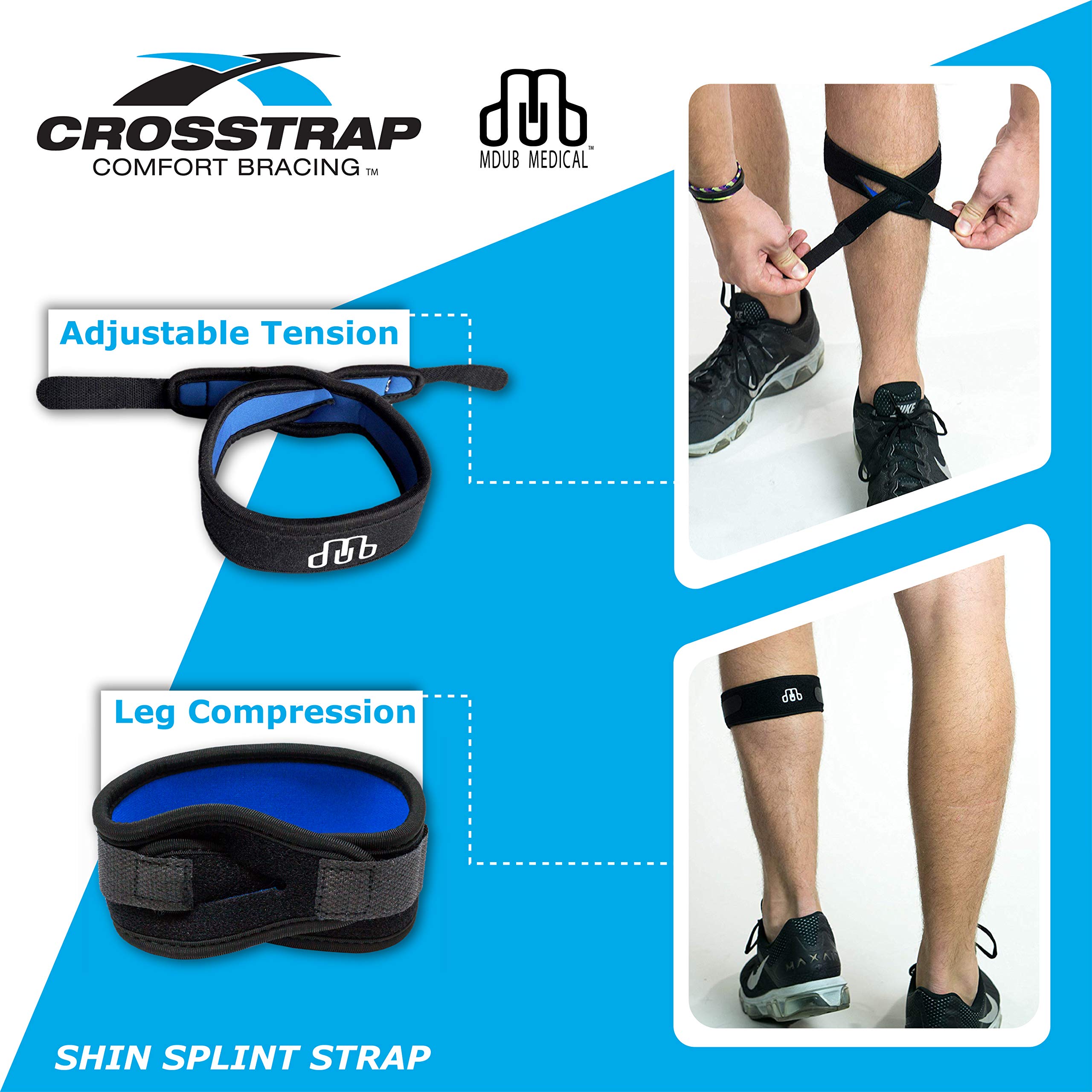 Crosstrap Shin Splint Support Strap  Adjustable Neoprene Shin Splint & Leg Compression Support Strap For Strains, Injuries, Pain