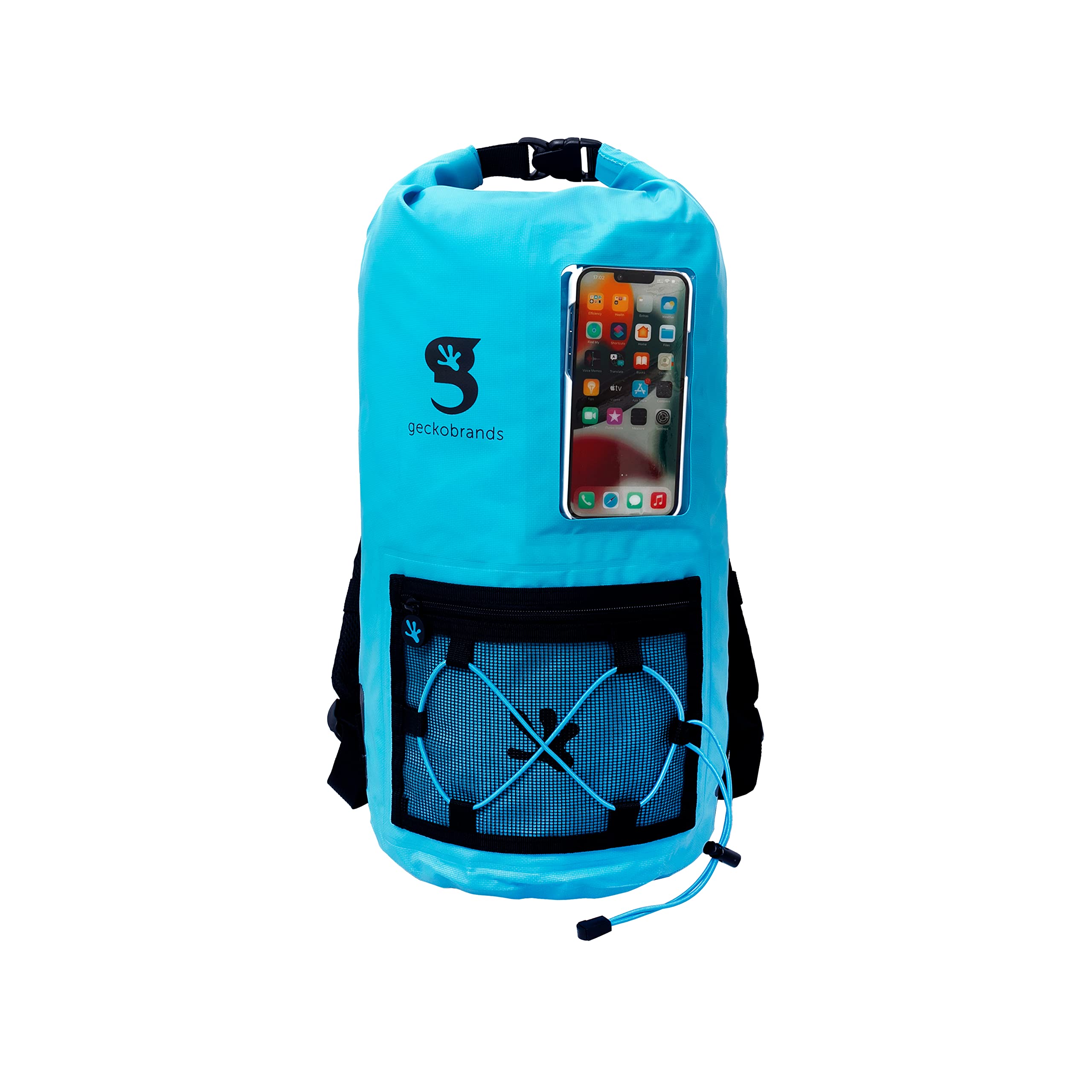 geckobrands Hydroner 20L Waterproof Dry Bag Backpack, Neon Blue - Lightweight Travel Bag with Clear Phone Pouch