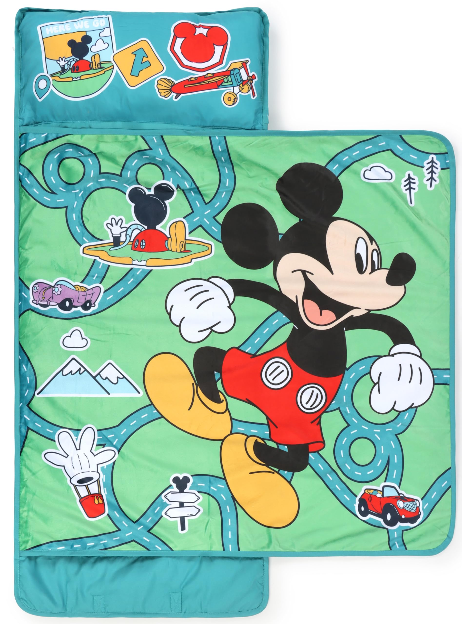 Jay Franco Kids Nap Mat with Embedded Pillow & Blanket - Soft 46x20 Microfiber Sleeping Bag with Name Tag & Handle Green - Micke