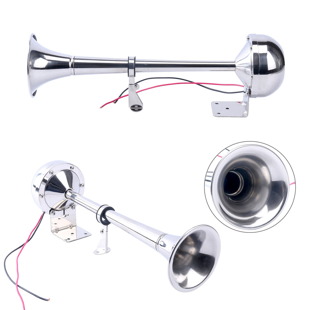 Amarine Made 12V Marine Boat Horn 115Db Stainless Steel Single Trumpet Horn For Ship Truck Rv Trailer, Low Tone, 16-1/8''