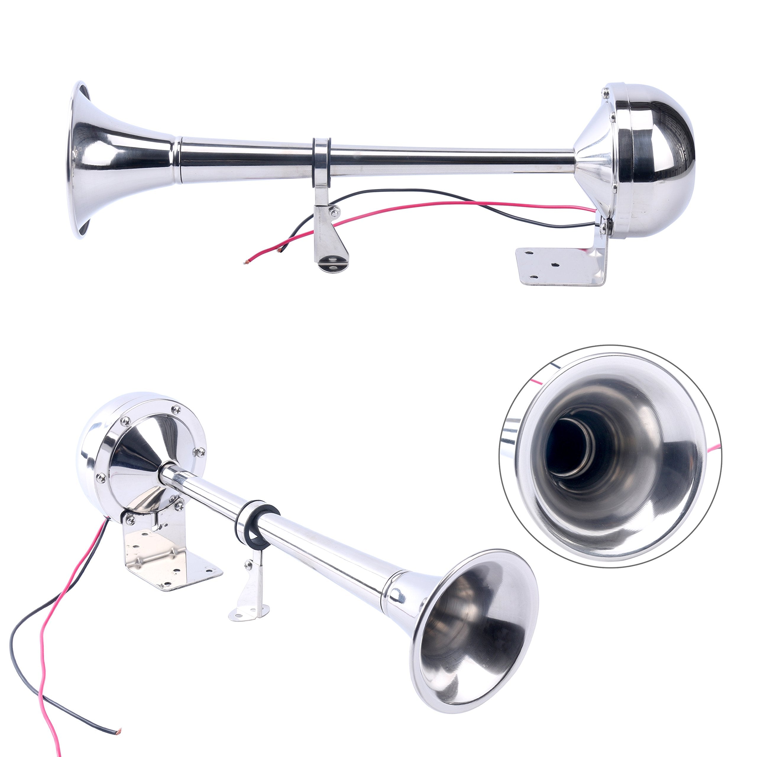 Amarine Made 12V Marine Boat Horn 115Db Stainless Steel Single Trumpet Horn For Ship Truck Rv Trailer, Low Tone, 16-1/8''