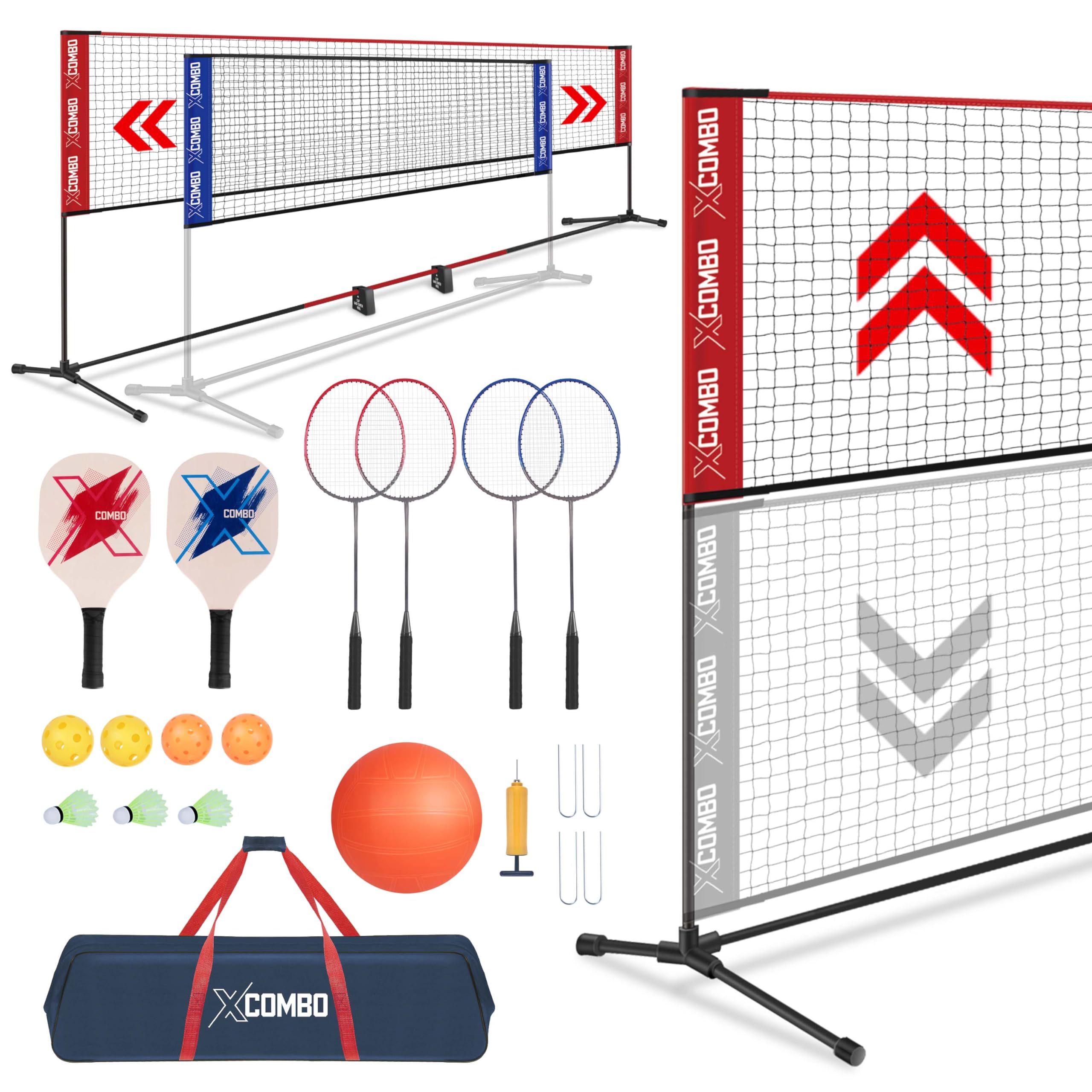 JOLORLY Badminton Sets for Backyards, Kids Volleyball Pickleball Combo Set with Net, Adjustable Width and Height (13.5ft/20ft Wi