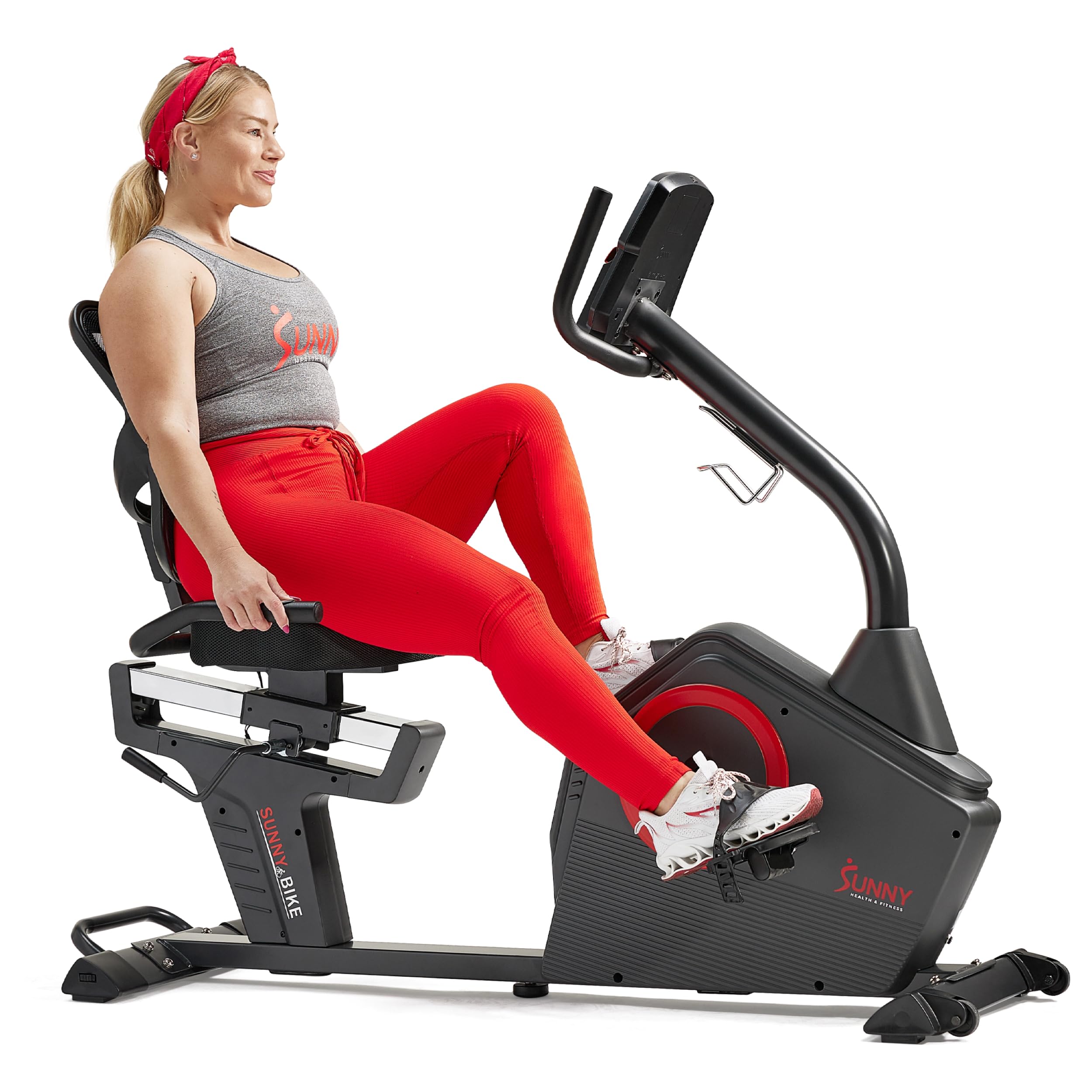 Sunny Health & Fitness Programmable Electro-Magnetic Resistance Recumbent Exercise Bike With 16 Levels Of Resistance, 300 Lbs We