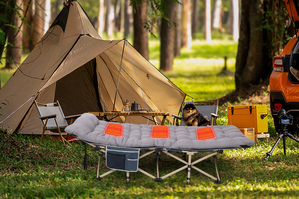 Wgos Camping Cot, Heated Camping Cot Folding Cot For Adults With Heated Mattress, Folding Bed, Carry Bag, Pillow & Side Mesh Hol