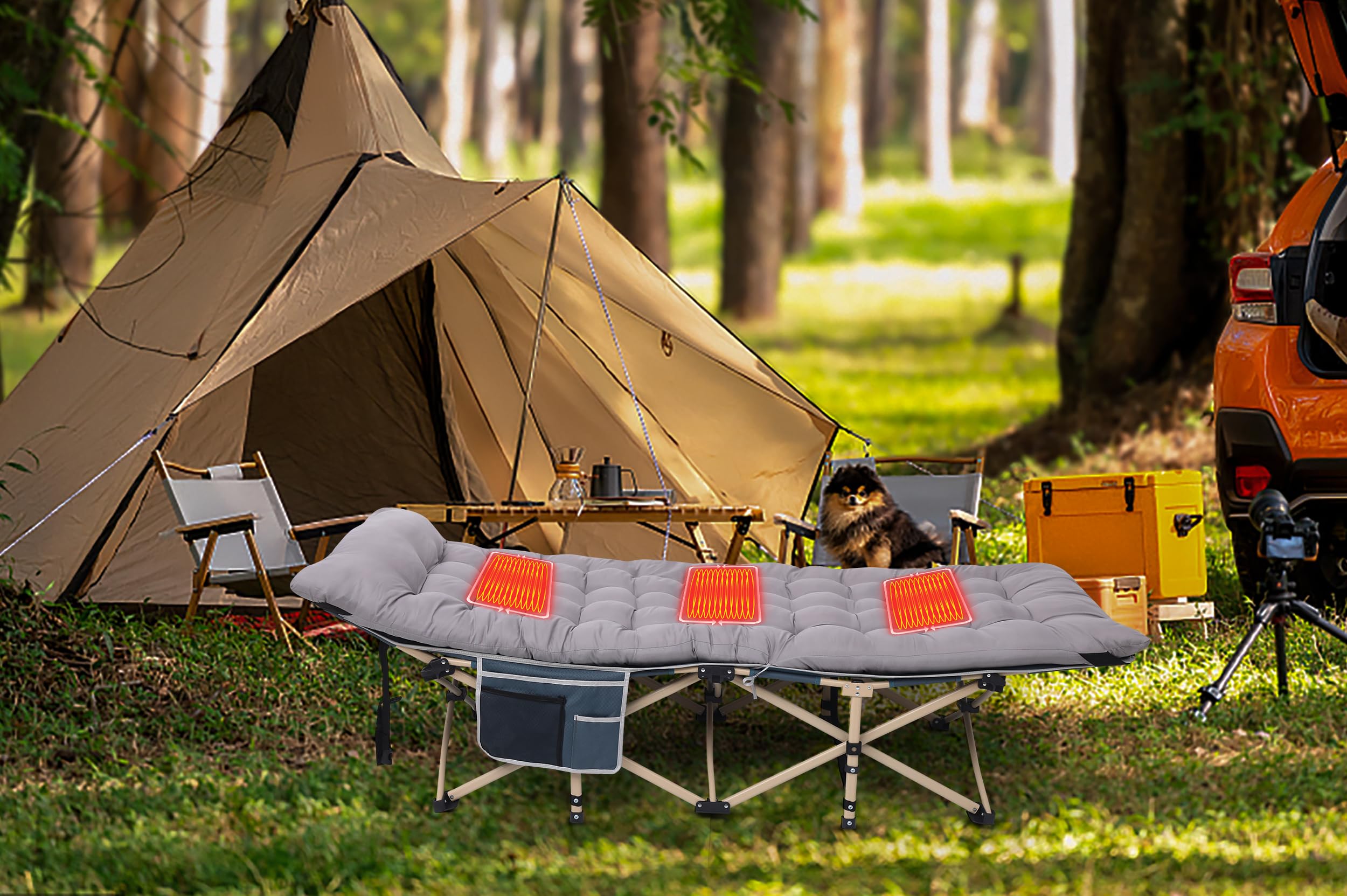 Wgos Camping Cot, Heated Camping Cot Folding Cot For Adults With Heated Mattress, Folding Bed, Carry Bag, Pillow & Side Mesh Hol