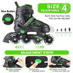 Kaqinu Adjustable Inline Skates, Outdoor Inline Skates With Full Illuminating Wheels For Women, Kids, Girls And Boys (Green, L)