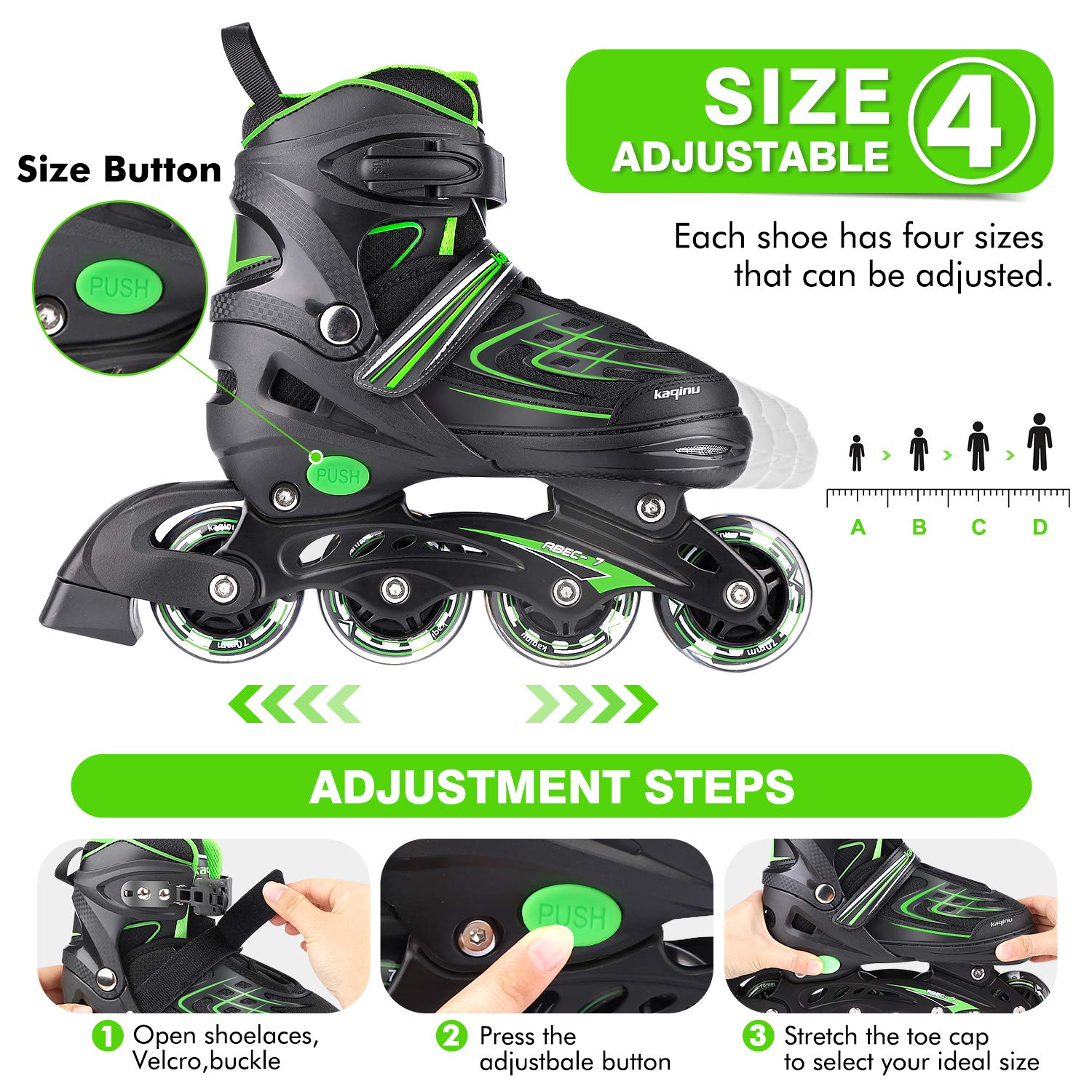 Kaqinu Adjustable Inline Skates, Outdoor Inline Skates With Full Illuminating Wheels For Women, Kids, Girls And Boys (Green, L)