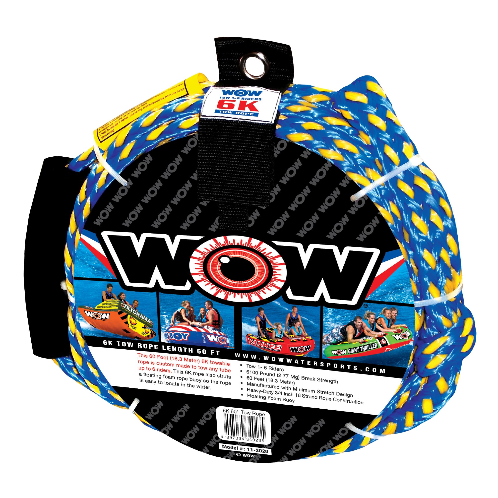 Wow Sports 6K 60 Ft. Tow Rope With Floating Foam Buoy 1 2 3 Or 4 Person Tow Rope For Boating, 11-3020