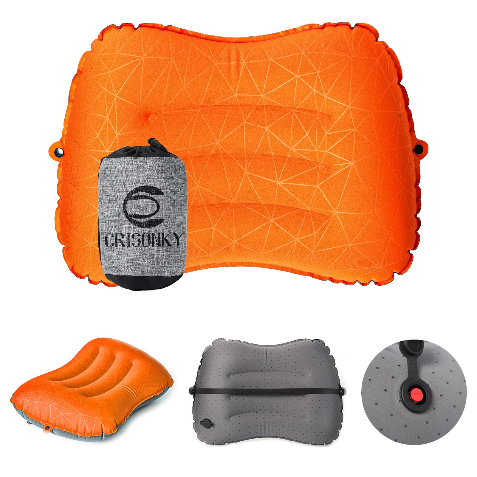 Crisonky Camping Pillow - Inflatable Pillow - Travel Pillows For Backpacking & Airplane, Lumbar Support 2.0 Blow Up Pillows, Ult