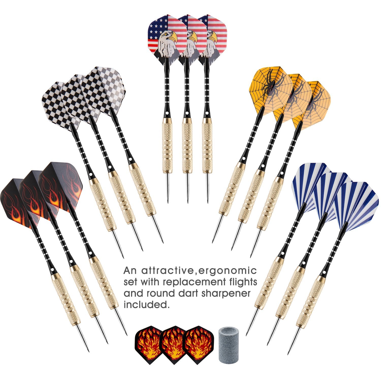 Uzopi 15 Packs Steel Tip Darts 18 Grams With Dart Sharpener And 3 Extra Flights, Aluminum Shafts & Brass Barrels, Levels In Ever
