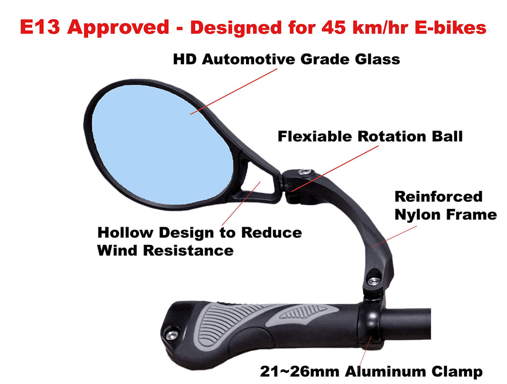 Hafny E13 Approved E-Bike Mirror, Large Surface Handlebar Bike Mirror, Hd Automotive Grade Glass Bicycle Mirror, Safe Blast-Resi