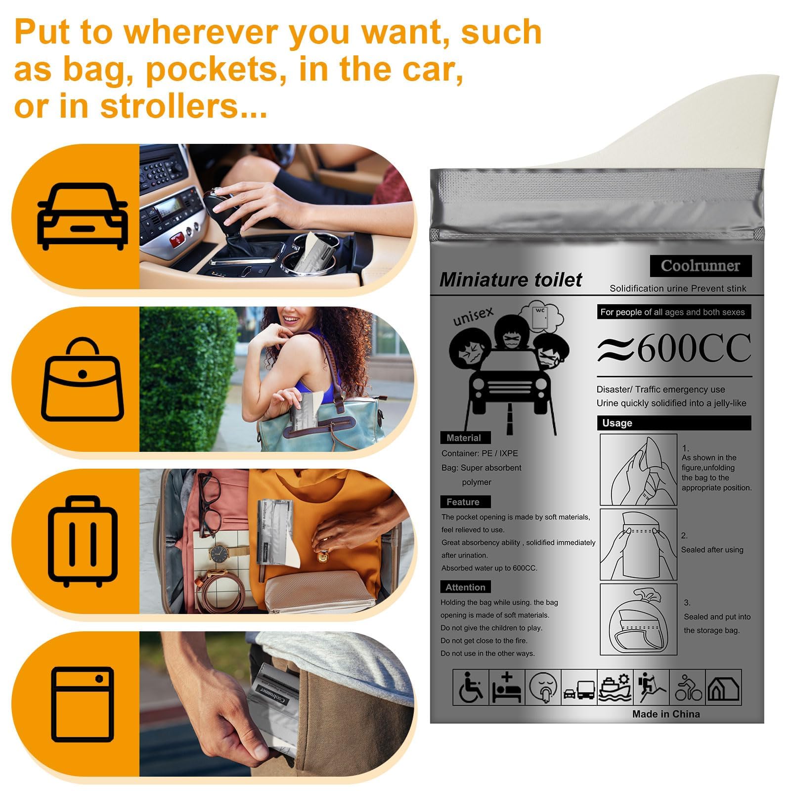 Coolrunner Disposable Urine Bags, 50 Pack Camping Pee Bags For Men Women, Disposable Urinals Vomit Bags For Travel Urinal Toilet