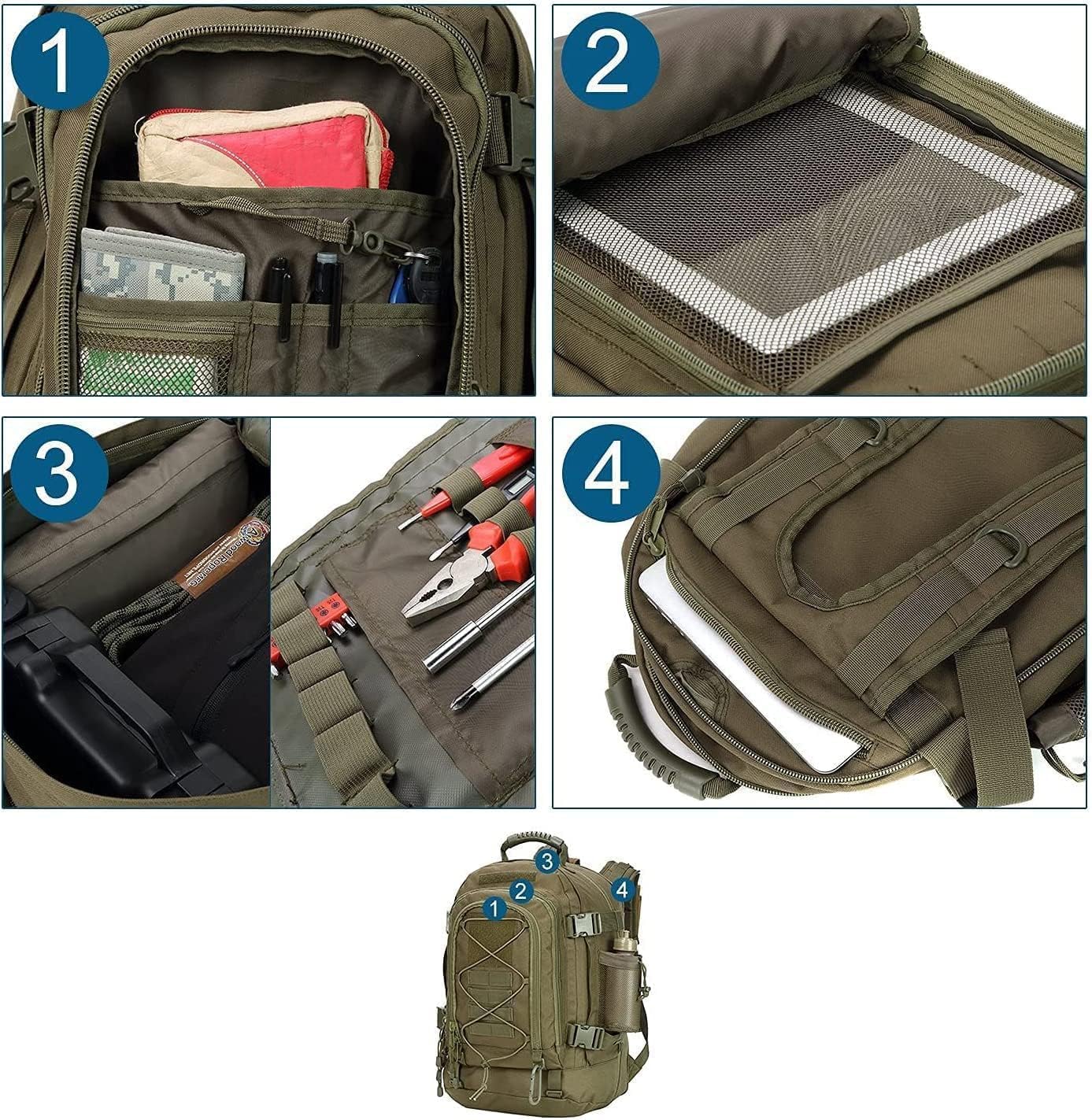 Zseararmy Large Tactical Backpack For Men Military Backpack With Diy System For Travel, Work,Camping,Hunting,Hiking,Sports (Gree
