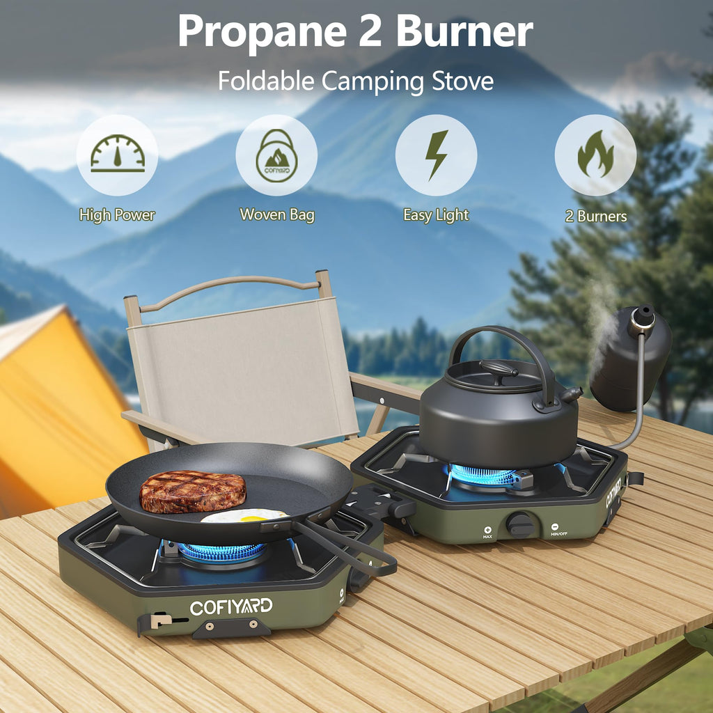 Cofiyard Propane 2-Burner Camping Stove With Carrying Bag And Gas Stove Pressure Regulator, Camping Essentials Folding Camp Stov