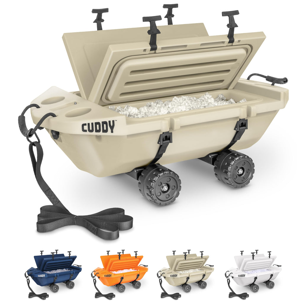 Cuddy Crawler Cooler with Wheels - 40 QT Amphibious Floating Cooler and Dry Storage Vessel - Tan