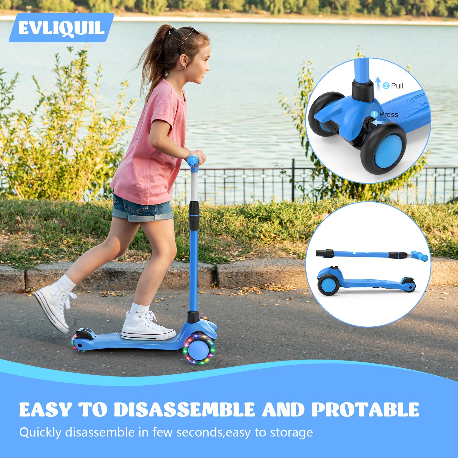 Kids Scooter,LED Lighted Wheels and 3 Adjustable Height Handlebars Scotters for Kids 3-12,3 Wheel Toddler Kick Scotter for Boys
