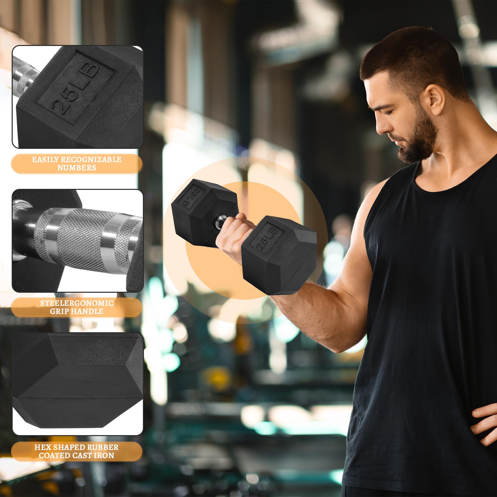 BalanceFrom Dumbbell Set with Rack, Rubber Coated Hex Dumbbell Weights in 200 lbs, 5, 10, 15, 20, 25, 30lbs Pair, Black