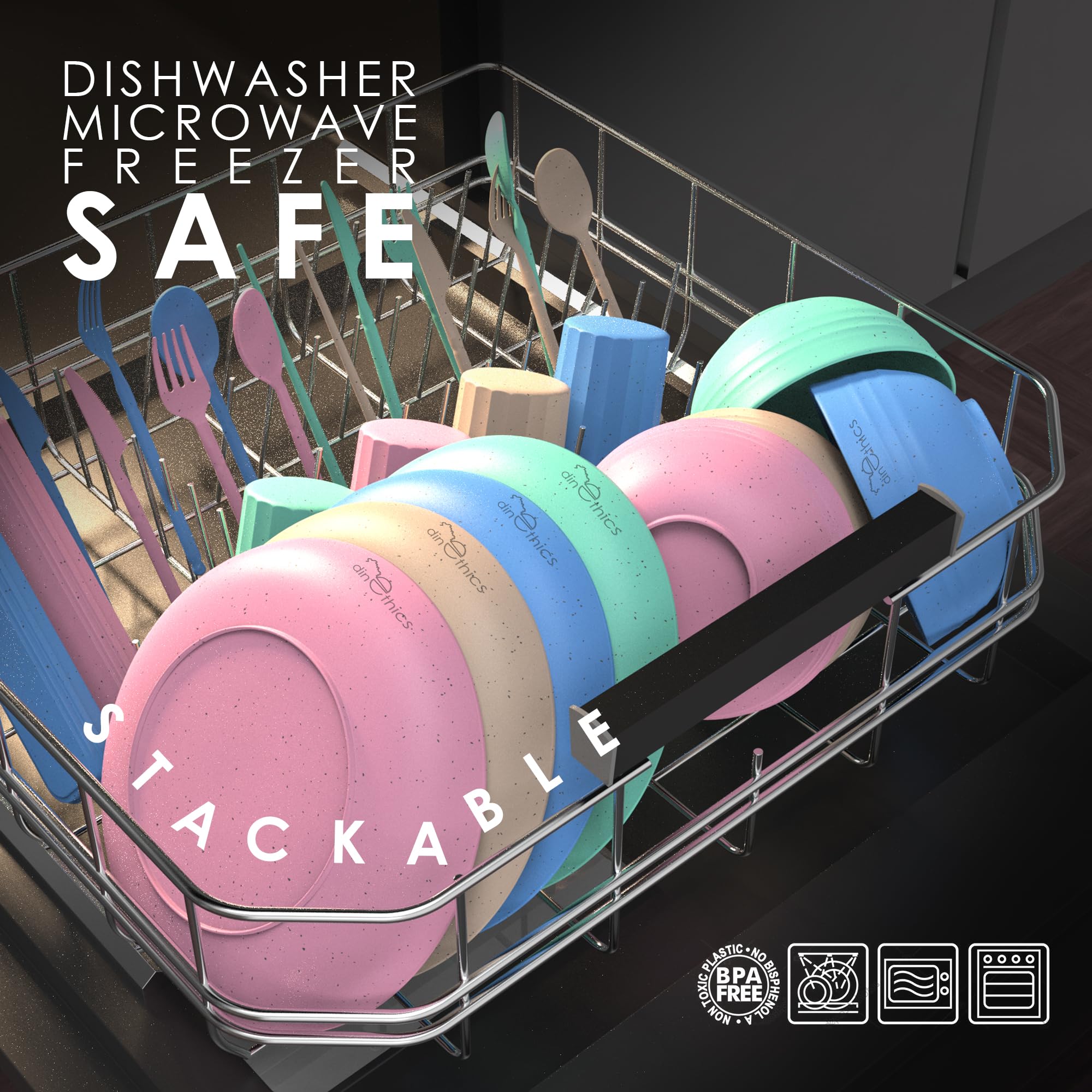 Dinethics Wheatstraw Dinnerware Sets For 4 - Alternate To Plastic Dishes - Dishwasher Safe Microwave Plates - Unbreakable Dinner