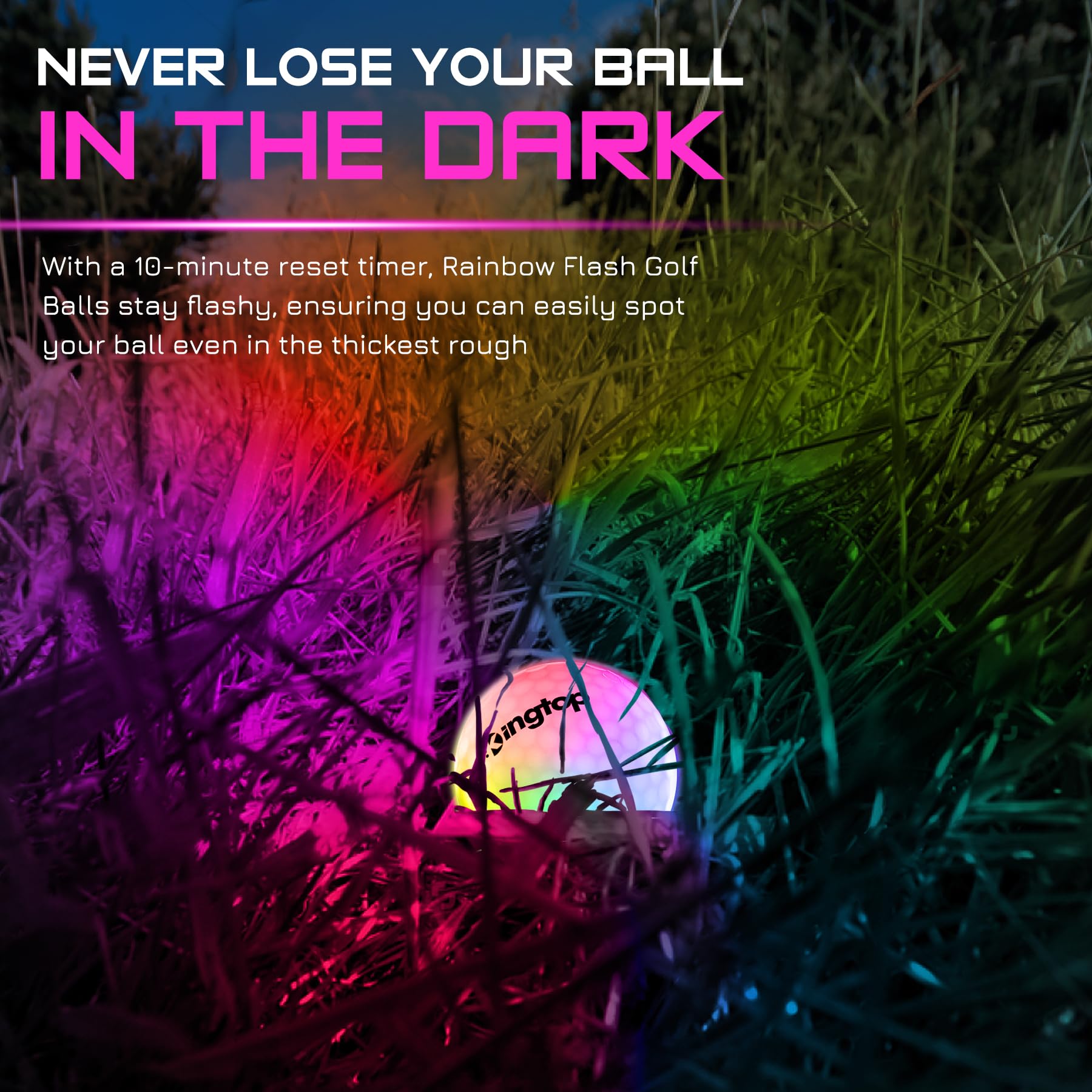 Kingtop Rainbowflash Glow In The Dark Golf Balls - Multicolor Flashing Led Golf Ball Light Up Backyard Putting Green, 10-Minute