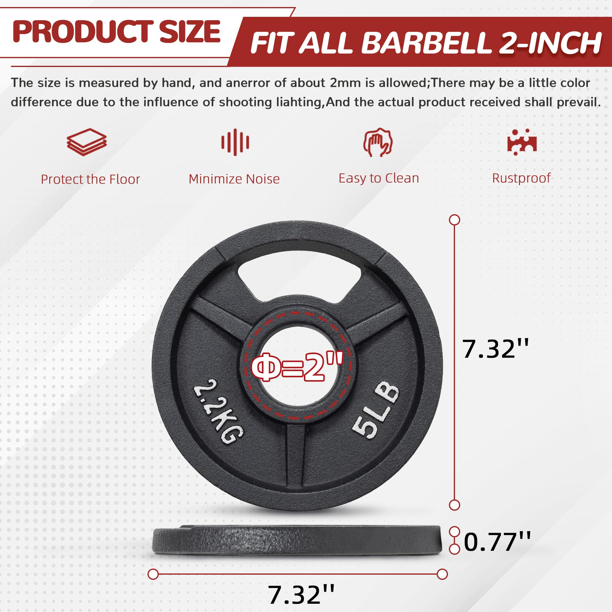 Fitvids Olympic Cast Iron 2-Inch Weight Plate for Strength Training & Weightlifting, 5LB Set of 4