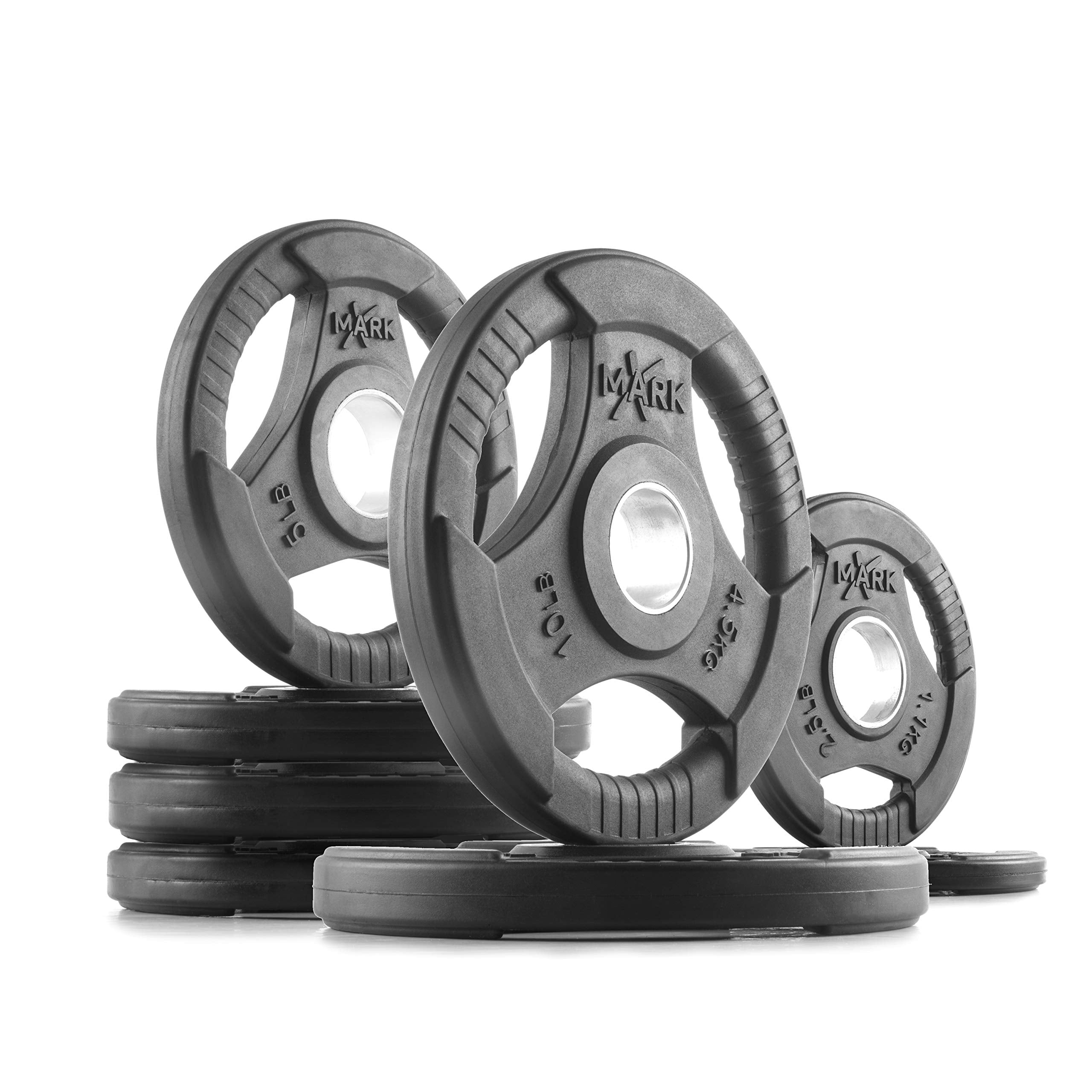 XMARK TRI-GRIP 45 lb Set of Olympic Weight Plates, Rubber Coated Exercise Weights for Olympic Barbell, Strength Training Equipme