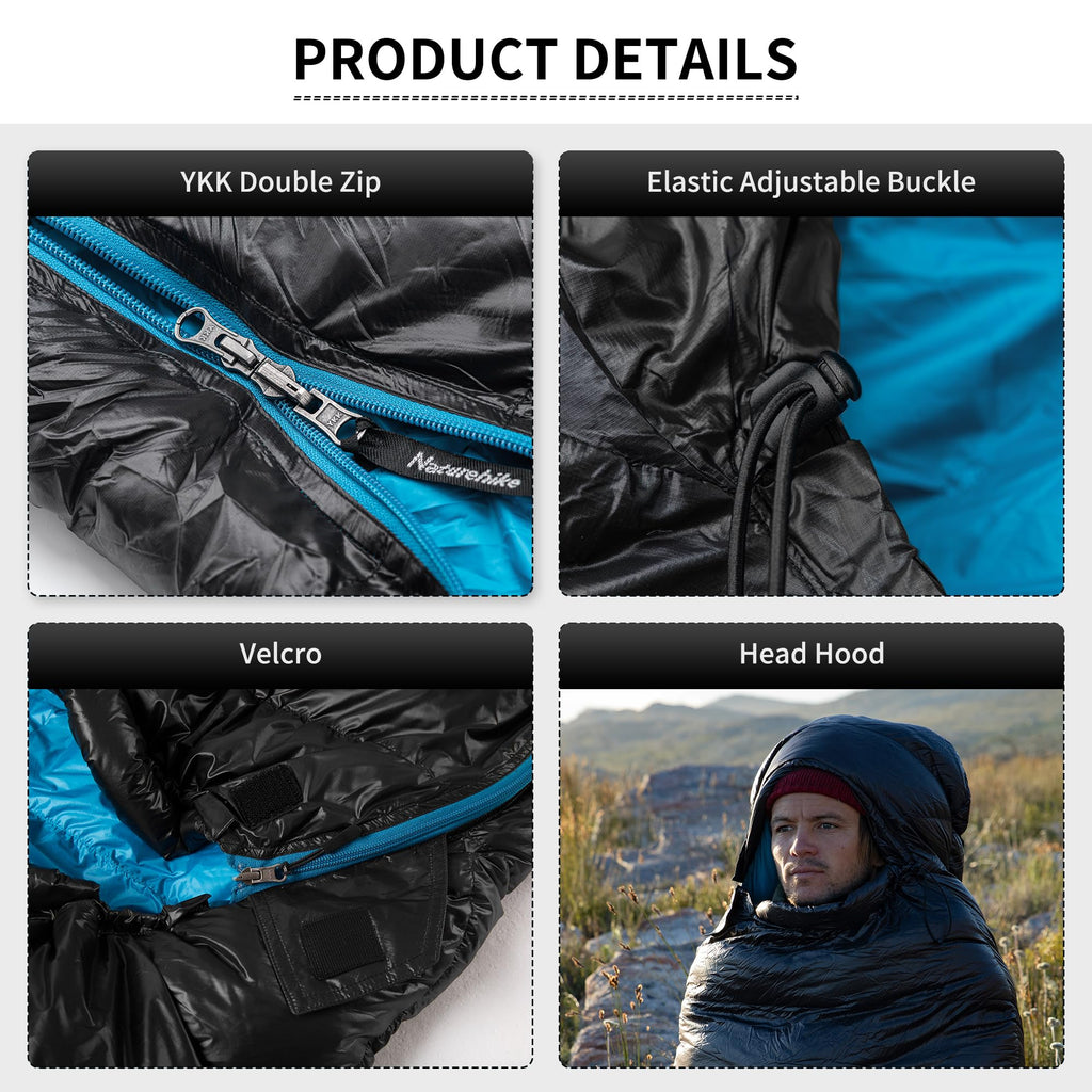 Naturehike Ultralight Duck Down Cold Weather Sleeping Bag, 750Fp Compact Sleeping Bag 3-4 Season For Adults & Kids, Waterproof -