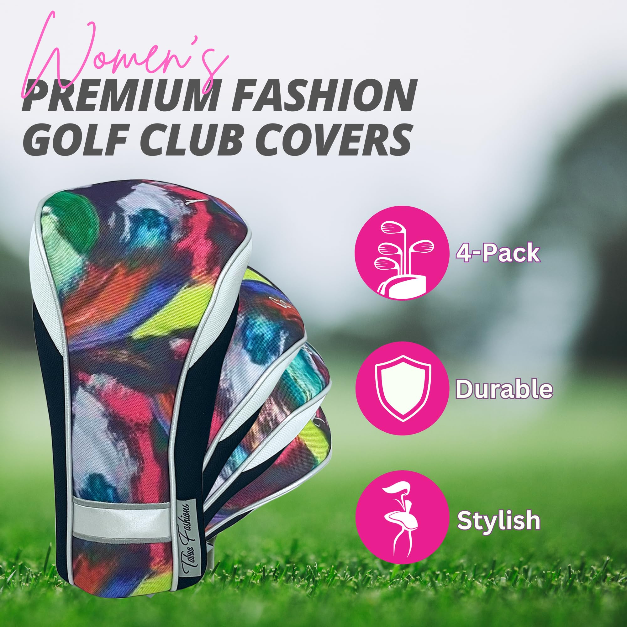 Womens Designer Golf Club Covers 4 Pack - Taboo Fashions Numbered Head Covers For Driver Woods & Hybrid - Weather/Moisture Resis