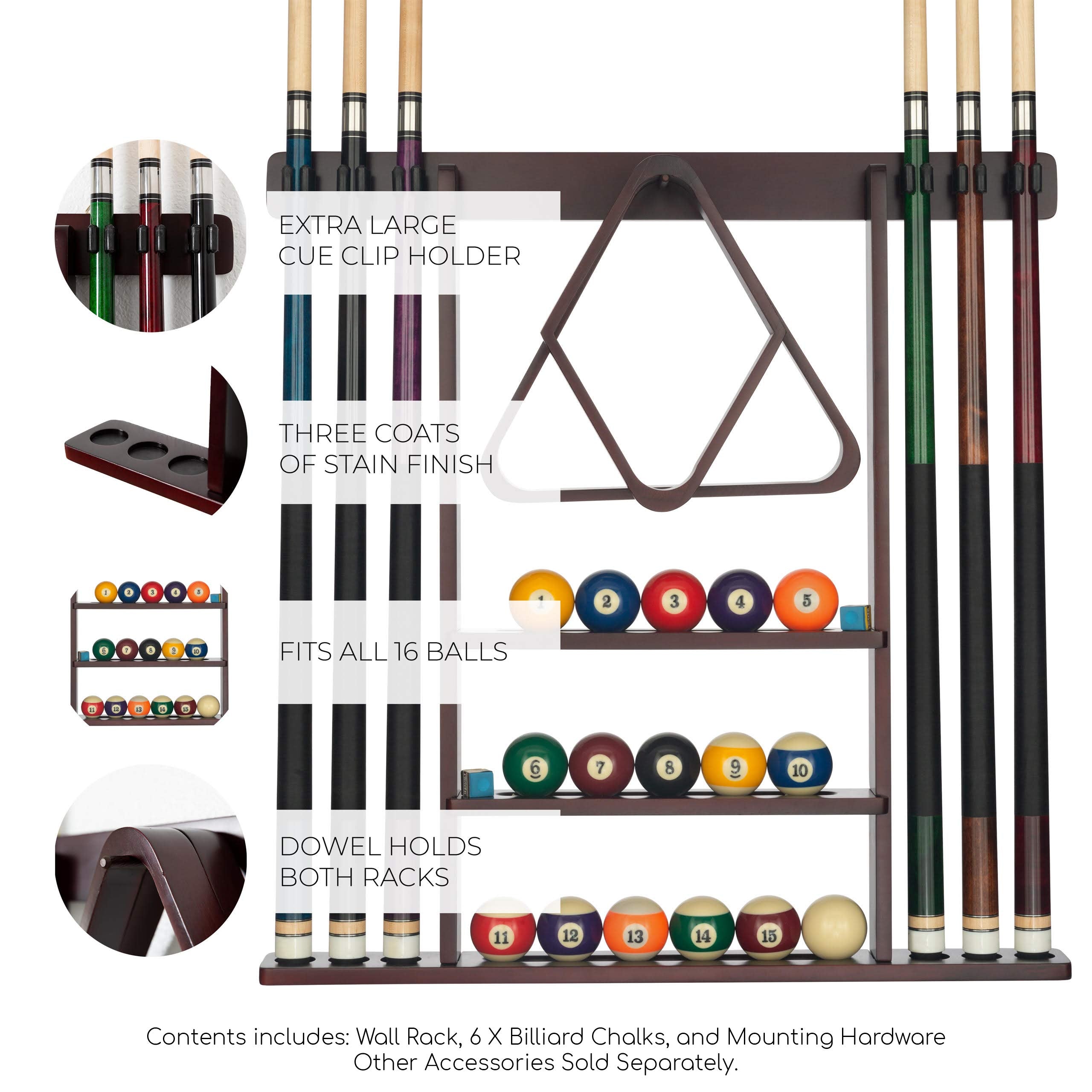Pool Cue Rack - Pool Stick Holder Wall Mount With 16 Ball Holders & 6 Pack Of Chalk - Rubber Circle Pads & Large Clips Prevent D