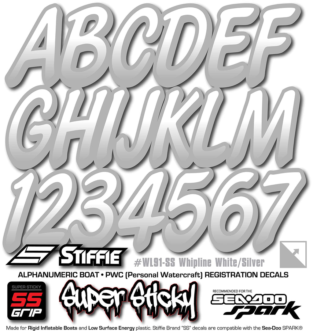 Stiffie Whipline White/Silver 3 '' Super Sticky Boat & Pwc Registration Decals  Numbers Letters Stickers