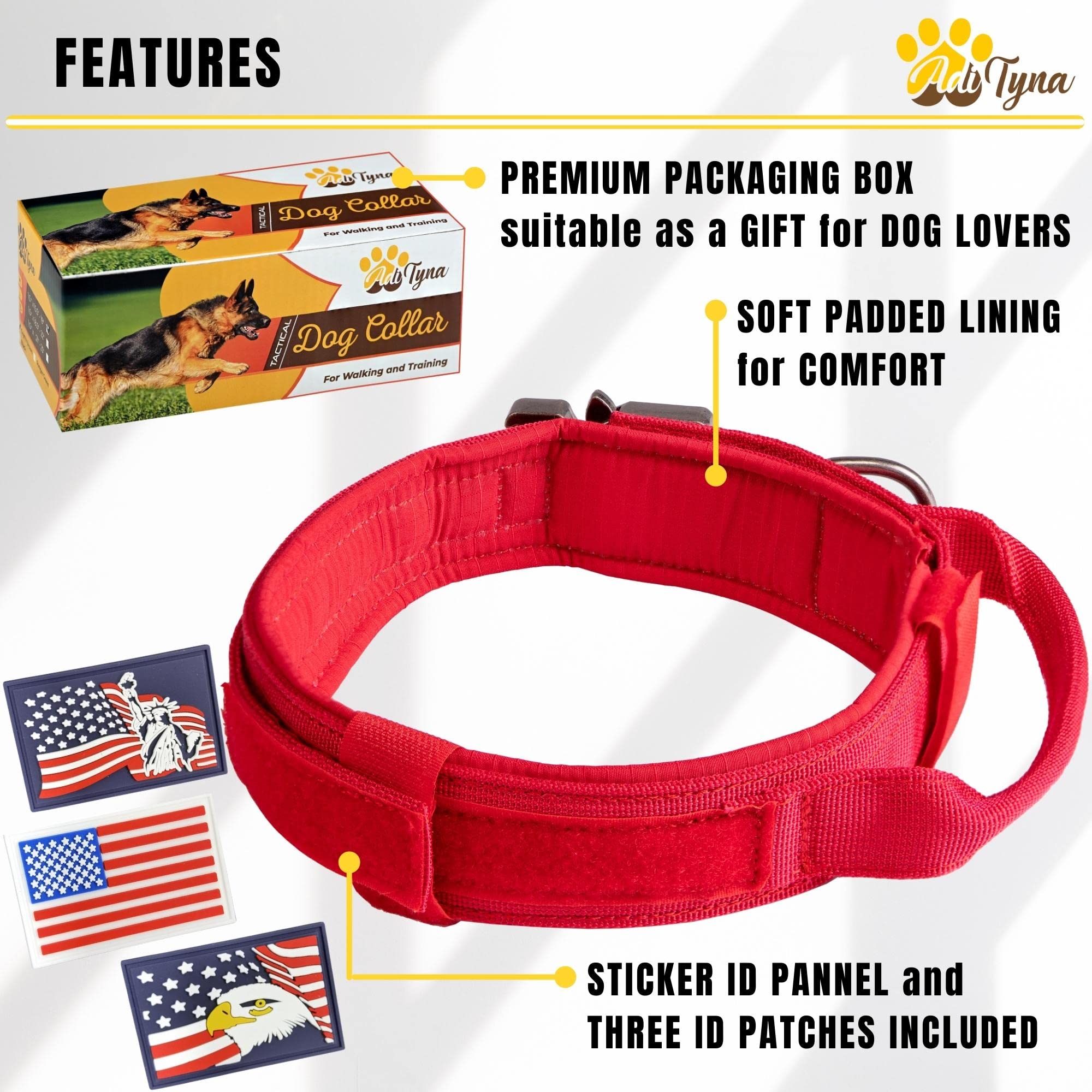 Adityna Heavy-Duty Tactical Dog Collar With Handle - Red Dog Collar For Extra-Large Dogs - Wide, Thick, Adjustable, Soft Padded