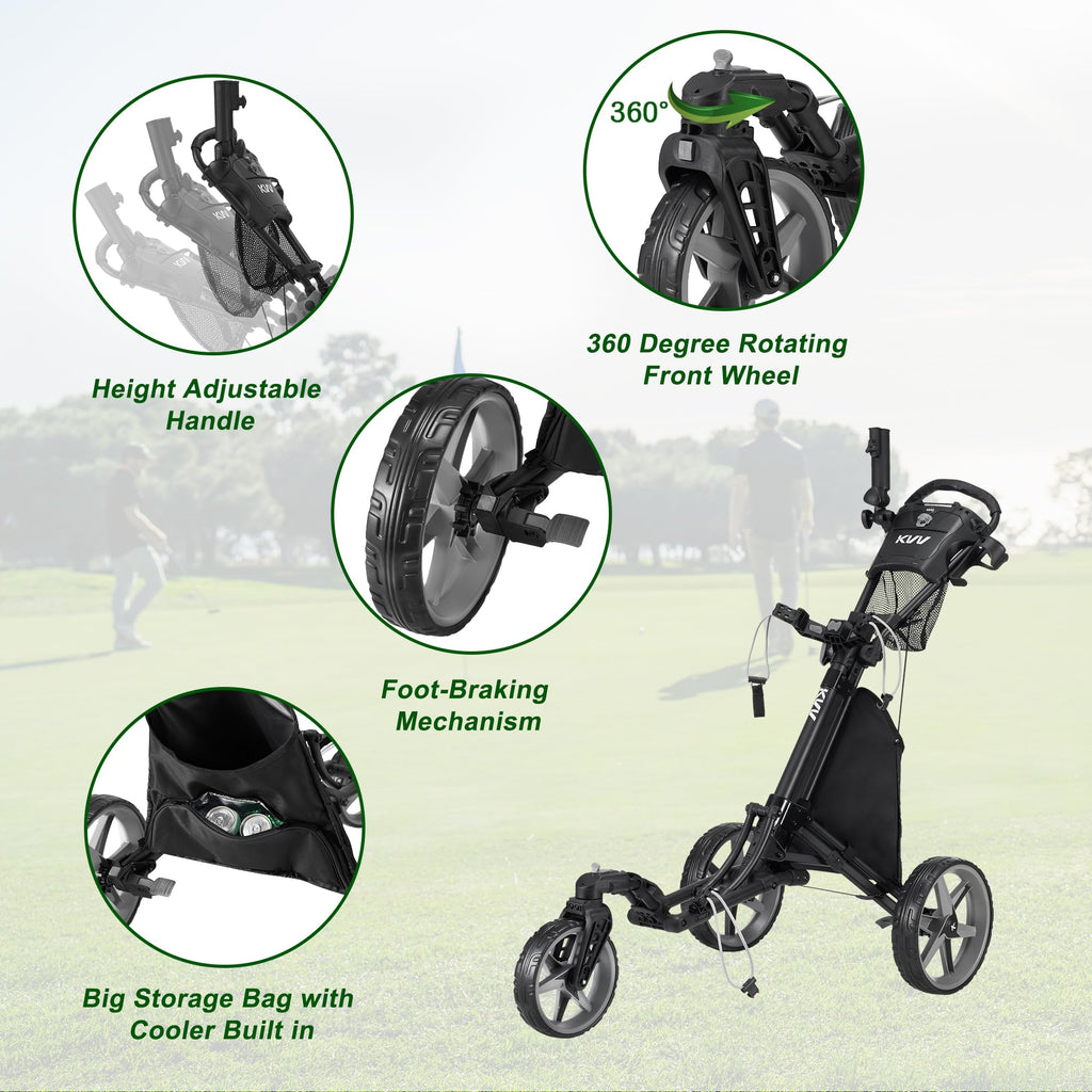 Kvv 3 Wheel 360 Rotating Front Wheel Foldable/Collapsible Golf Push Cart With Foot Brake Open And Close In One Second-Free Umbre