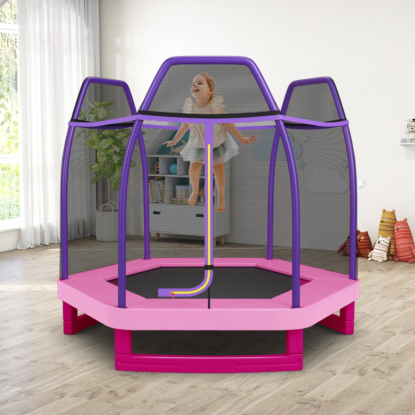GYMAX Trampoline for Kids, 7FT Toddler Trampoline with Safety Enclosure Net & Seamless Spring Pad, Heavy Duty Small Indoor/Outdo