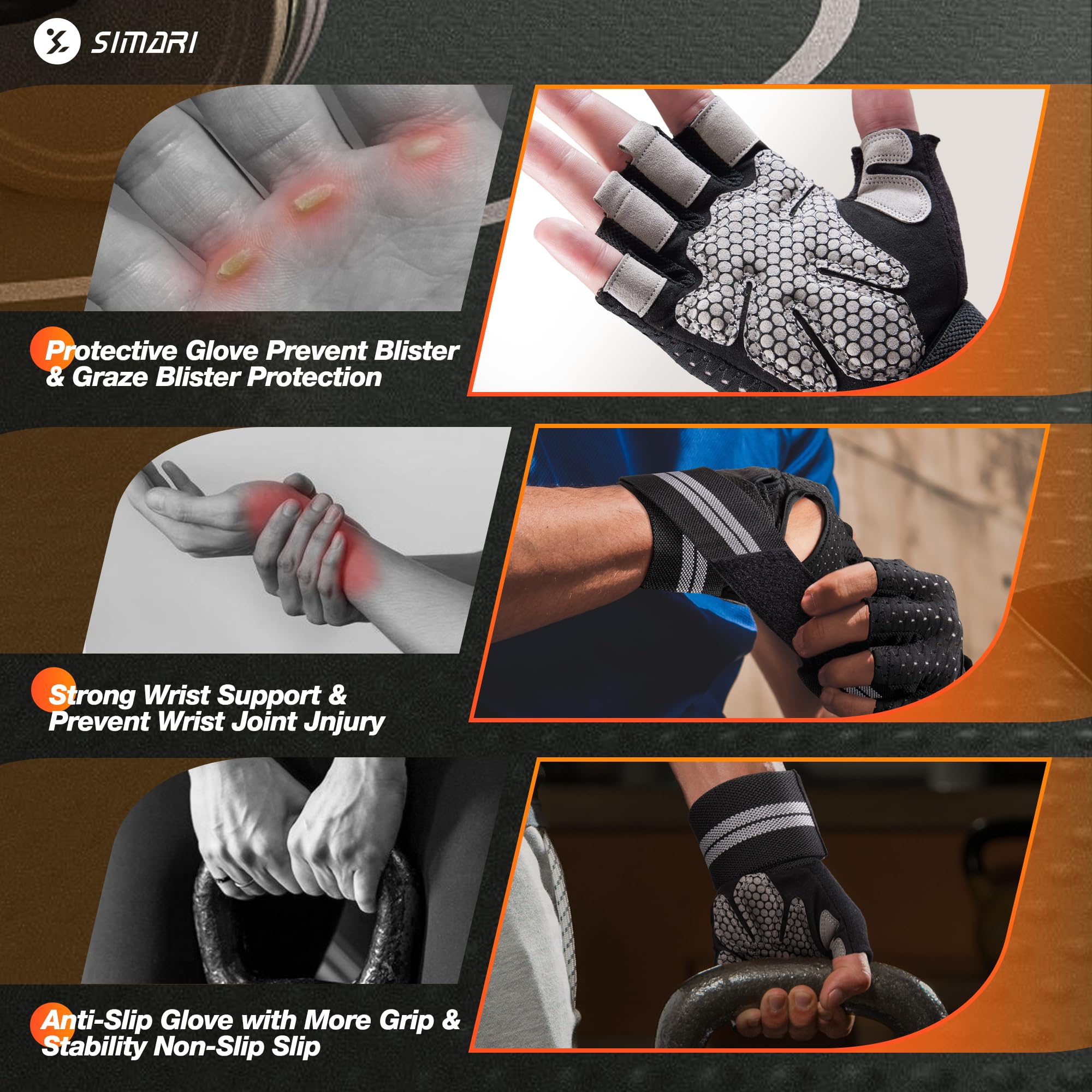 Simari Breathable Workout Gloves For Men Women, Padded Weight Lifting Gloves With Wrist Wraps Support, Full Palm Protection, Gri